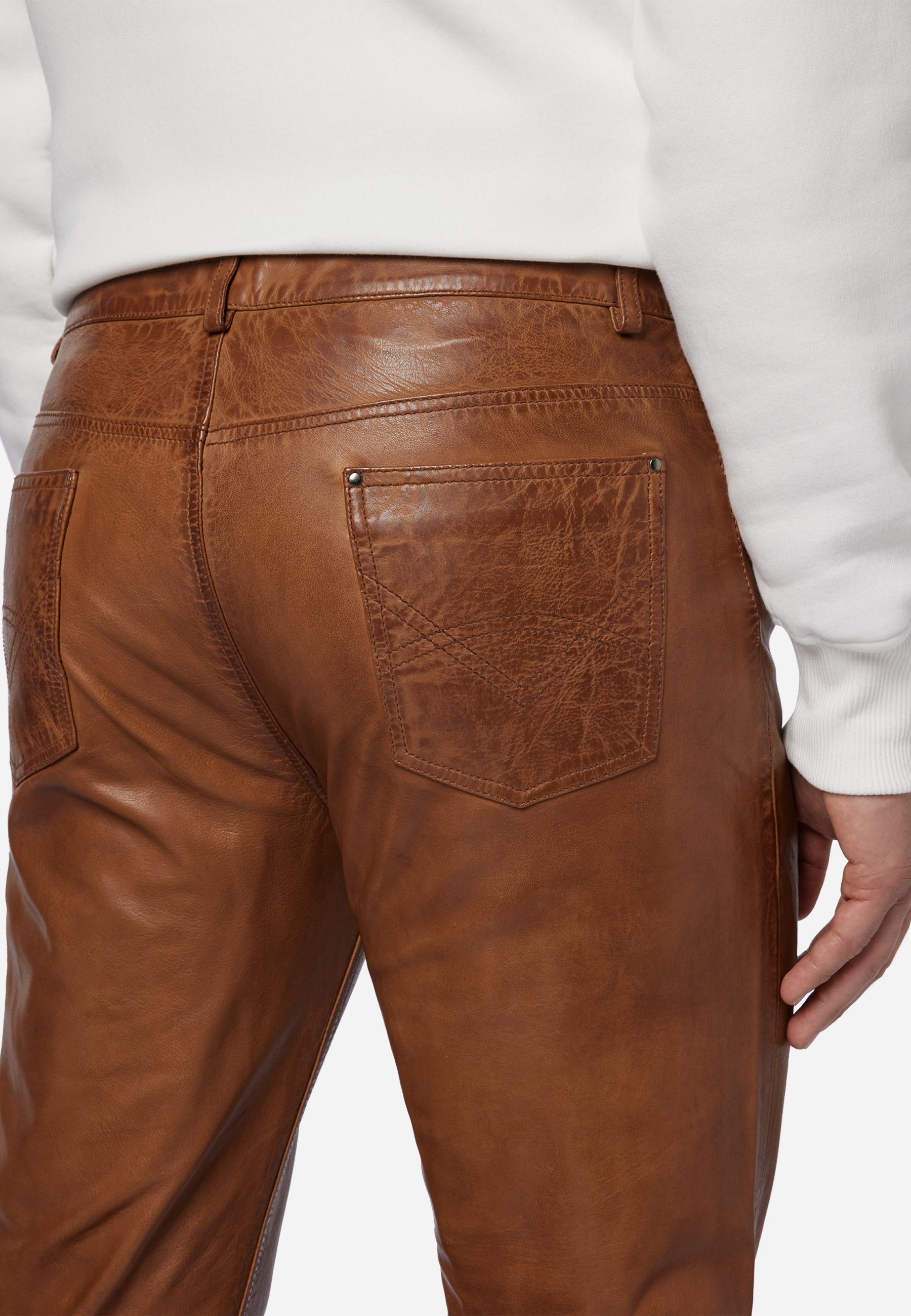 Hochwertiges Lamm-Nappa Leder; Pant RICANO Jeans-Optik 5-Pocket Trant Cognac Lederhose
