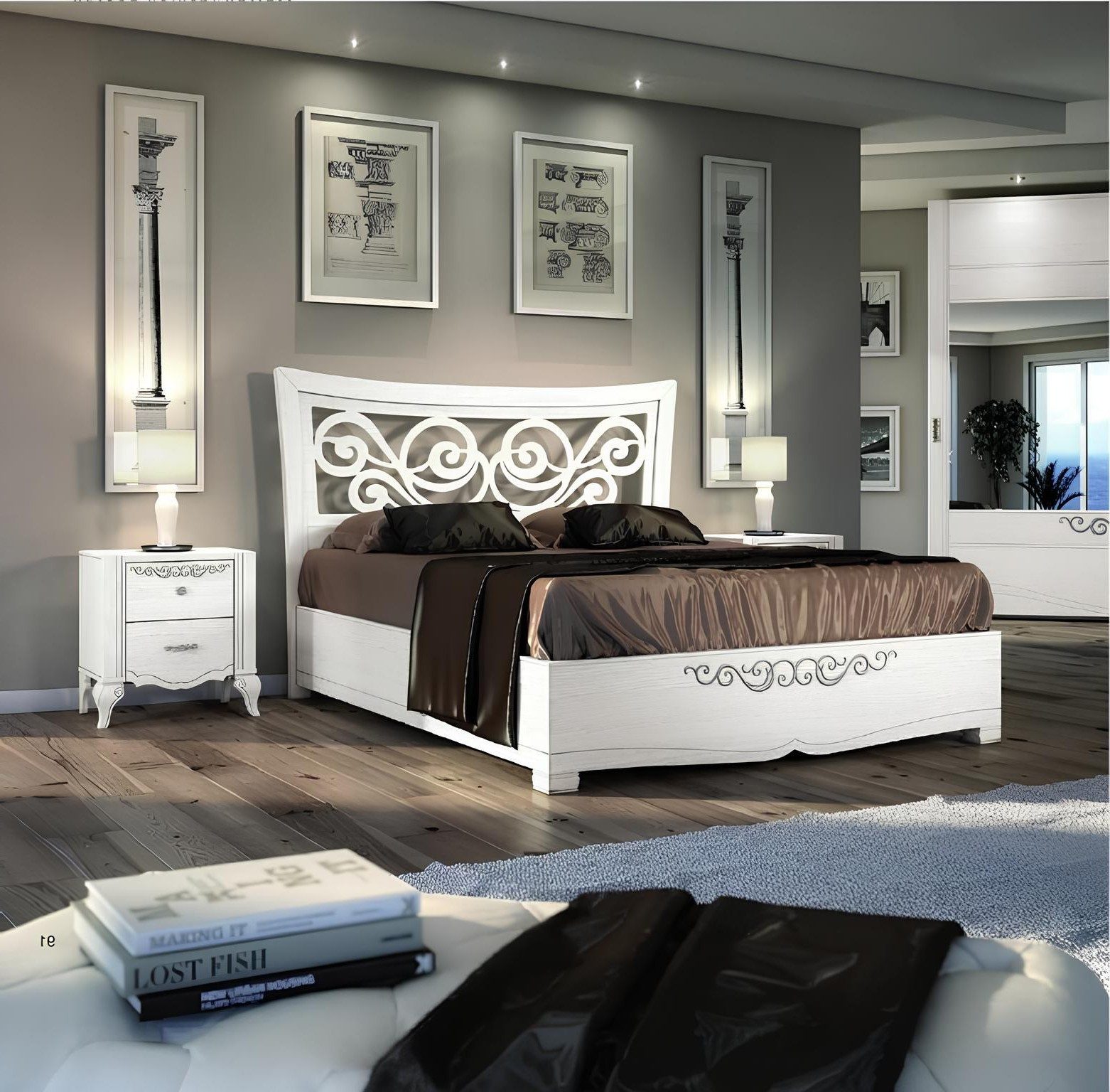 Schlafzimmer-Set Schlafzimmergarnitur aus Holz mit Doppelbett und Nachttisch