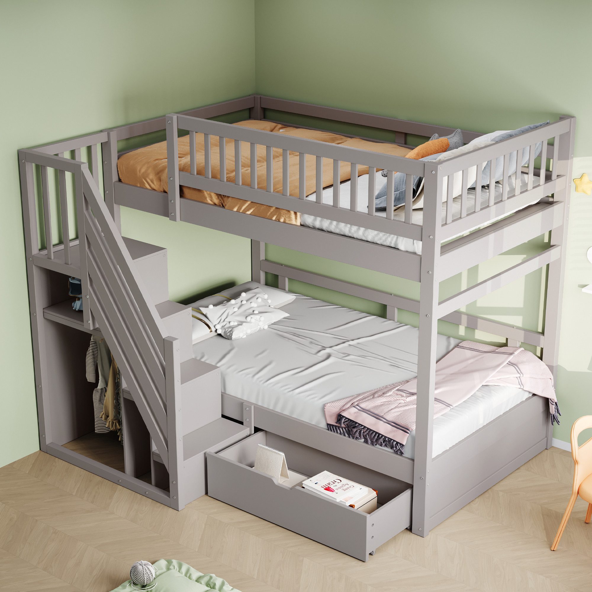 Merax Etagenbett (1-St., Hochbett Stockbett mit Sicherheitszaun), Massivholzbett Kinderbett 90x200cm mit Stauraumtreppe und Schublade