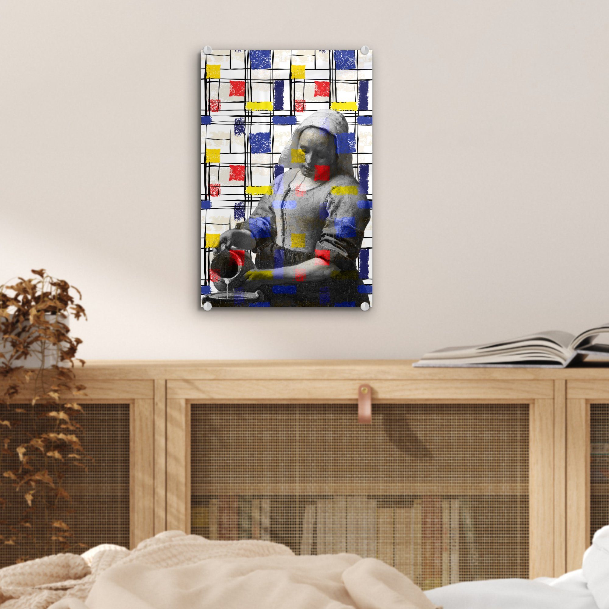 - auf - - Foto (1 Glas Glasbilder bunt St), auf Mondrian Bilder Collage, - Wandbild Glas - Acrylglasbild Wanddekoration Milchmädchen MuchoWow