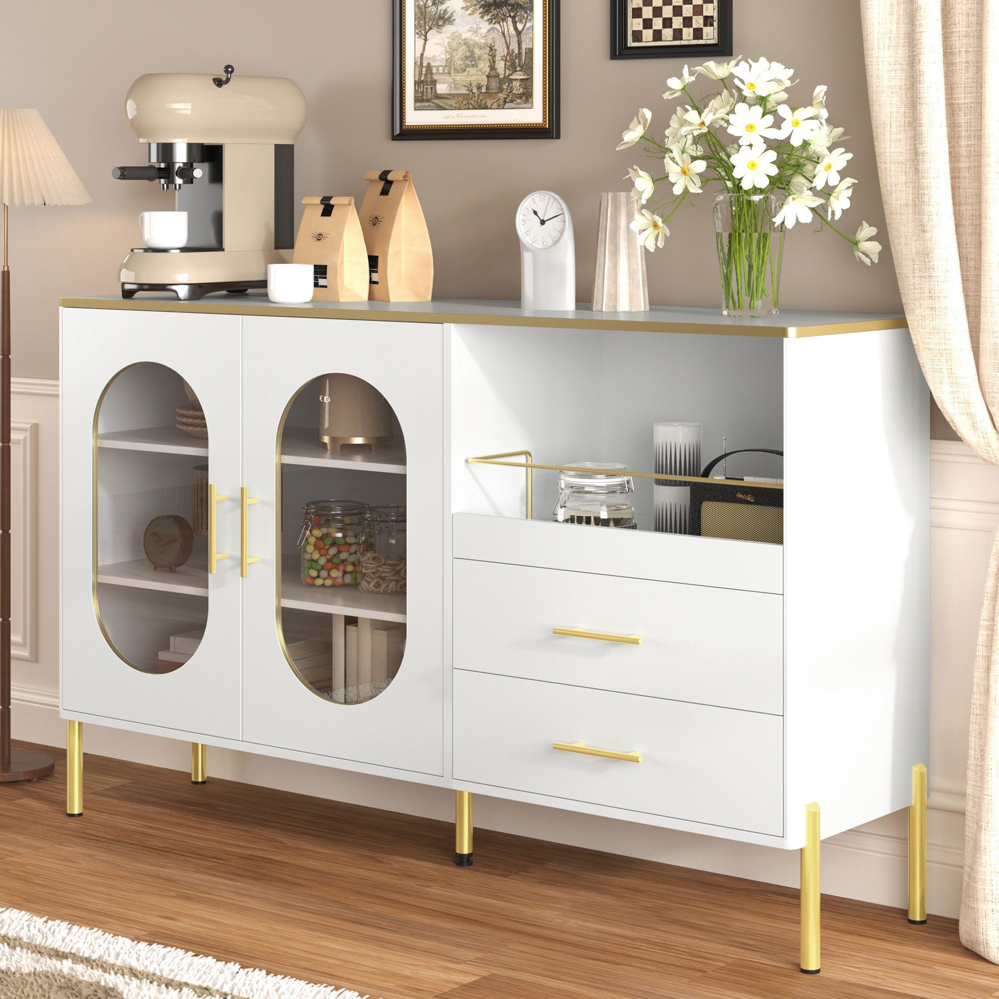 IDEASY Sideboard Sideboard weiß/gold mit 2 Schubl. & Glasfronten, Stauraum Kommode für Wohn- & Esszimmer