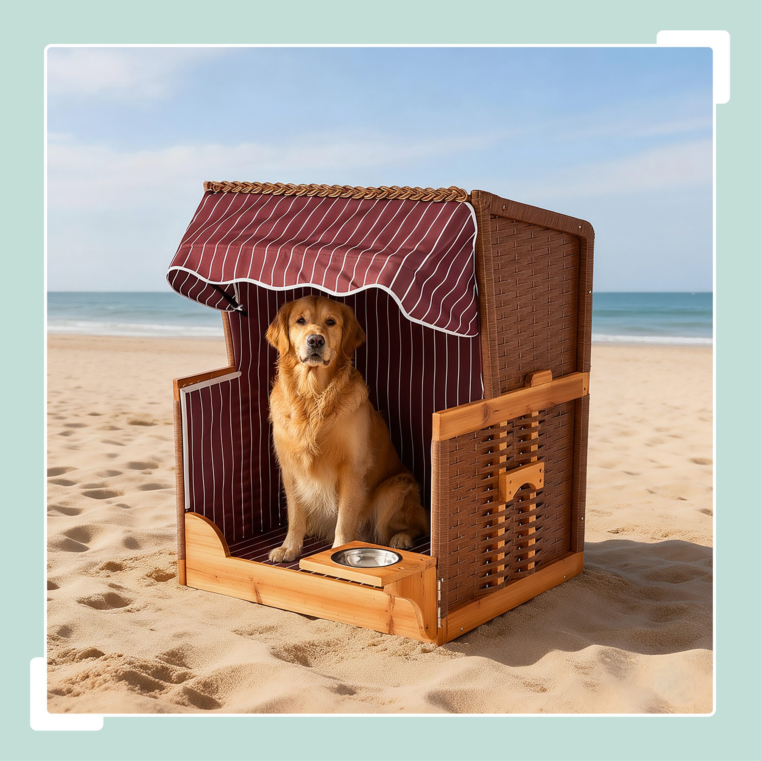 relaxdays Haustierstrandkorb Hundestrandkorb Holz & Rattan inkl. Napf, BxTxH: 75x65x95 cm, D
