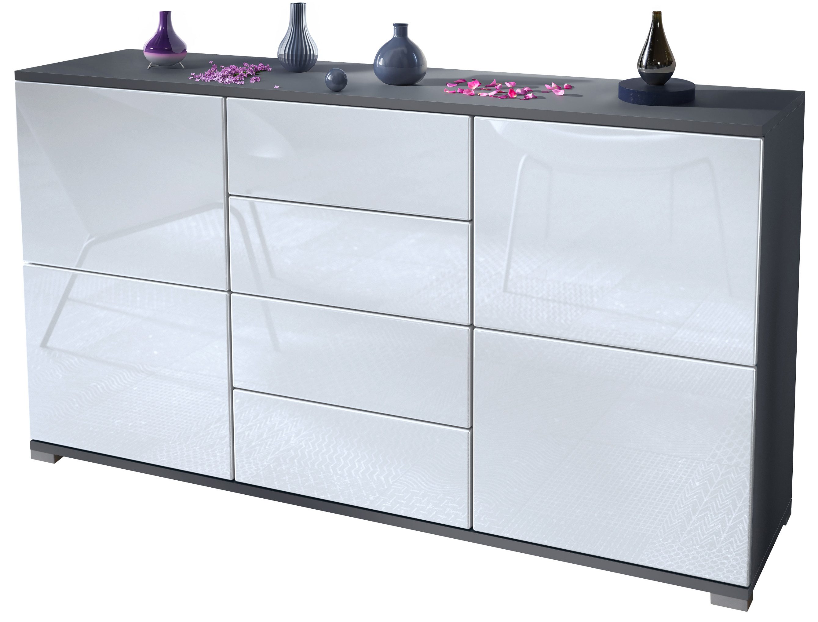 Vladon Sideboard Rova V1 (Kommode mit 4 Türen, 4 Schubladen, Made in Germany), Anthrazit matt/Weiß Hochglanz (138,5 x 75,5 x 35)