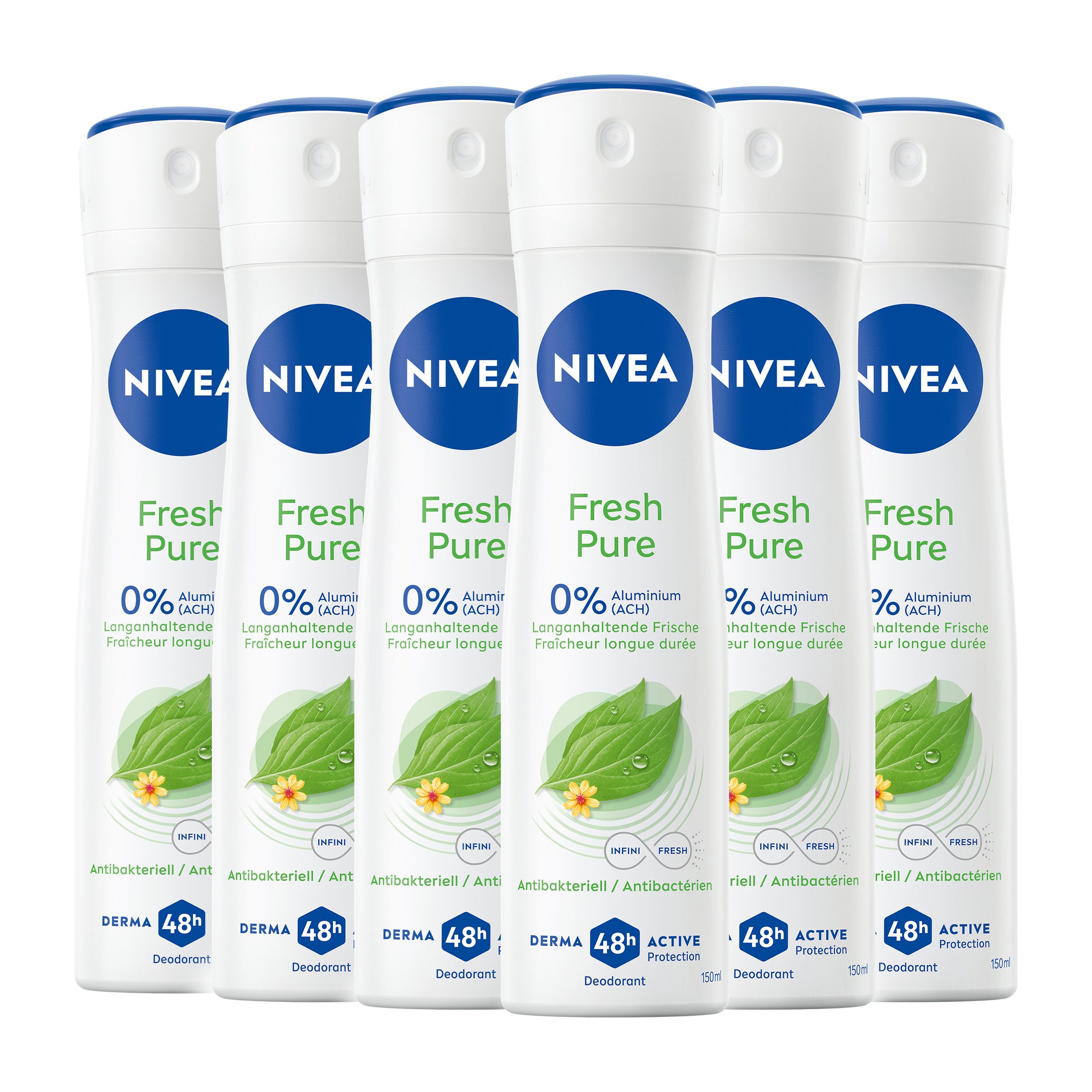 Nivea Deo-Spray Deodorant Fresh Pure Deo Spray 6 x 150ml, Packung, 6-tlg., mit 48H Trockenschutz