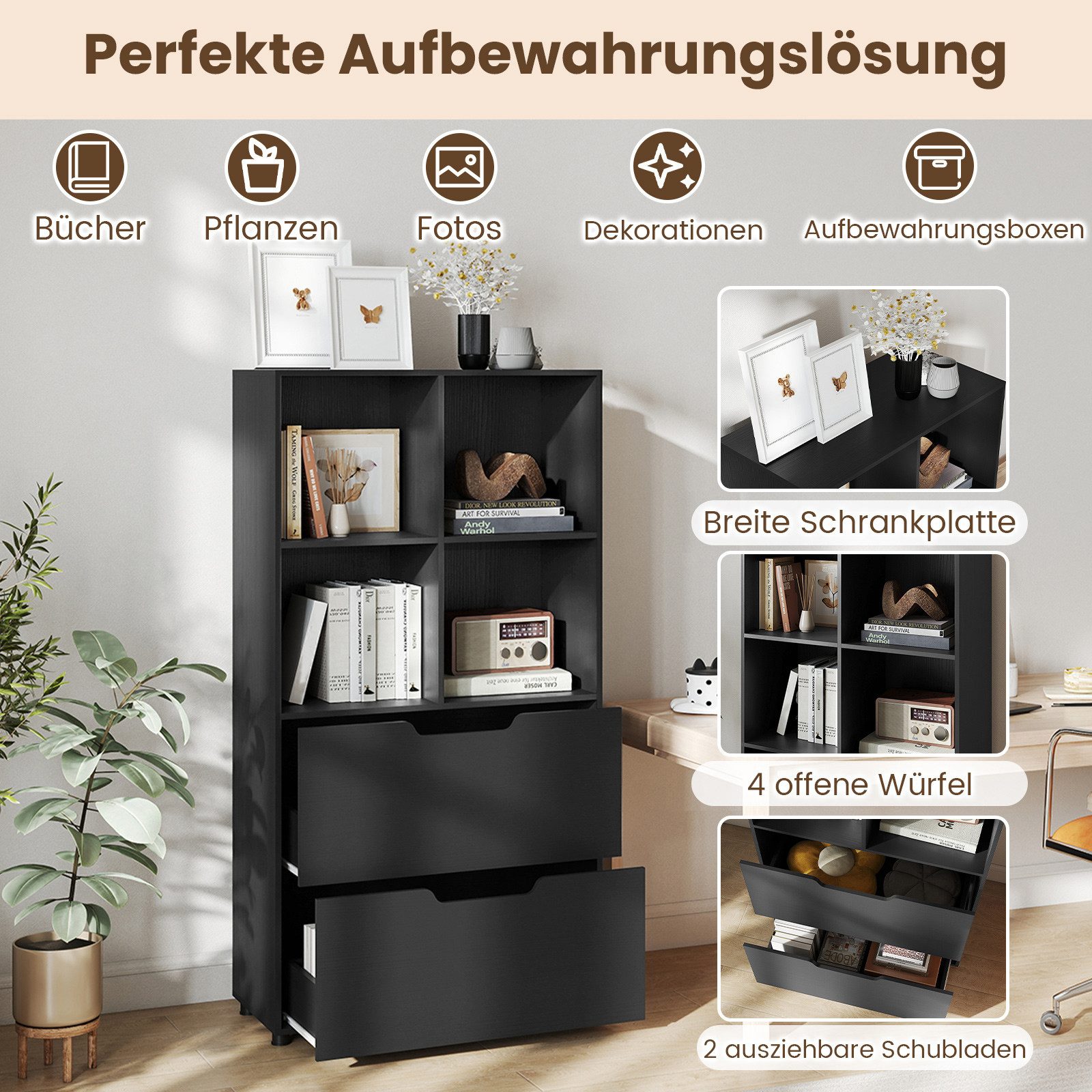 COSTWAY Bücherregal, mit 4-Würfeln & 2 Schubladen Würfelregal Holz