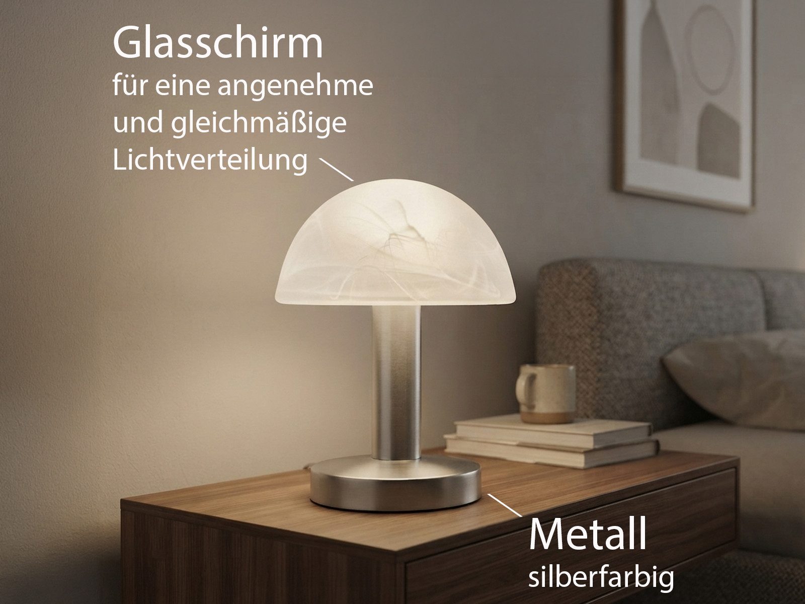 TRIO Leuchten LED Nachttischlampe Touch Tischlampe mit E14 LED, Höhe 21cm, dimmbar, LED wechselbar, Warmweiß, kleine Pilz-Lampe, Designklassiker Tischleuchte in – Bild 5 von 5