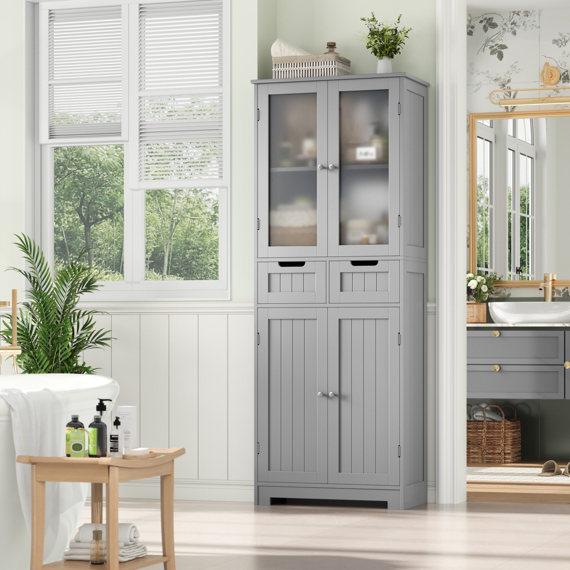 HOMECHO Hochschrank Badschrank mit 4 Türen 2 Schubladen für Küche, Bad, Weiß