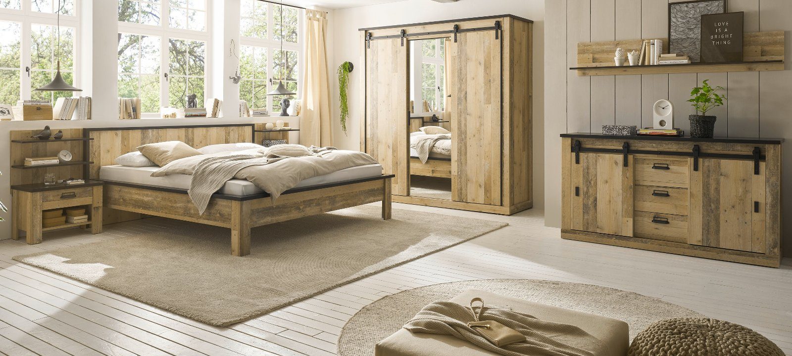 Liegefläche mit 6-teilig, 90x200 Komplettschlafzimmer Komplett-Set Stove, cm), (Used Soft-Close-Funktion Design, Furn.Design Wood