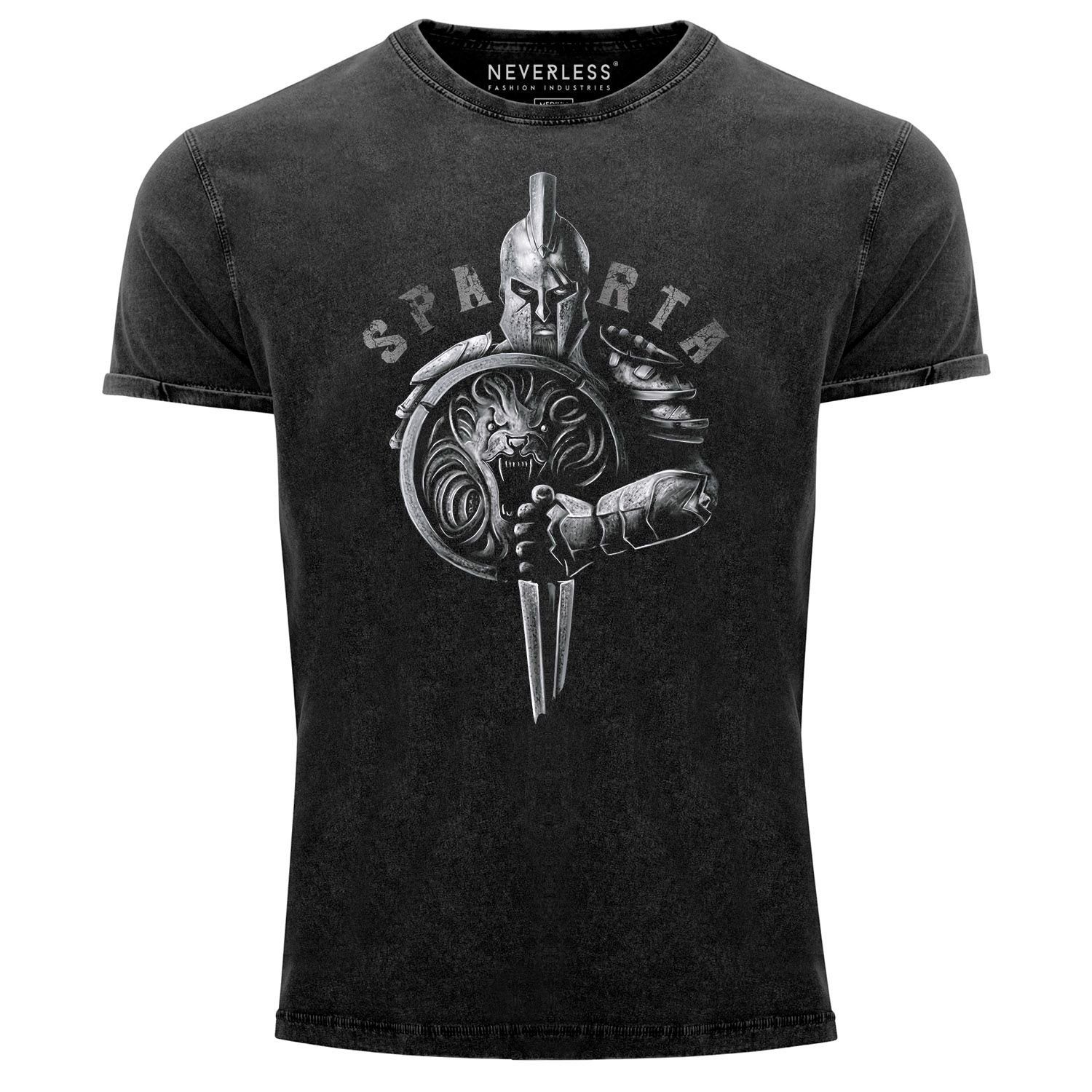 Neverless Print-Shirt Herren Vintage Shirt Aufdruck Sparta Spartaner-helm Krieger Warrior Schwert Schild Löwe Printshirt T-Shirt Used Look Slim Fit Neverless® mit Print
