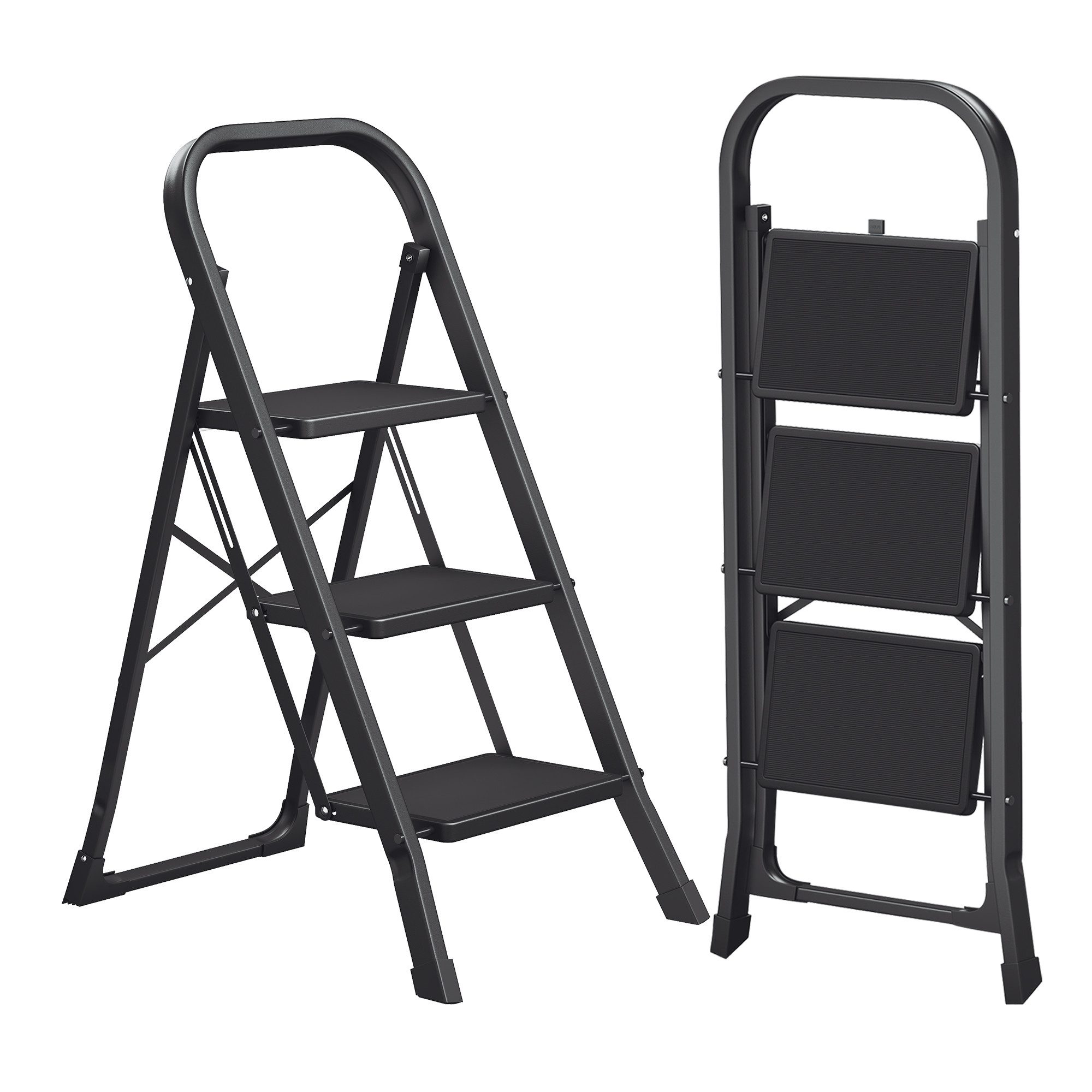 SONGMICS Trittleiter Leiter, Klappsicherung, einfach zu verstauen, bis 150 kg belastbar, mit 3 Stufen, Klapptritt, 74,5 x 46,5 x 105 cm (T x B x H)