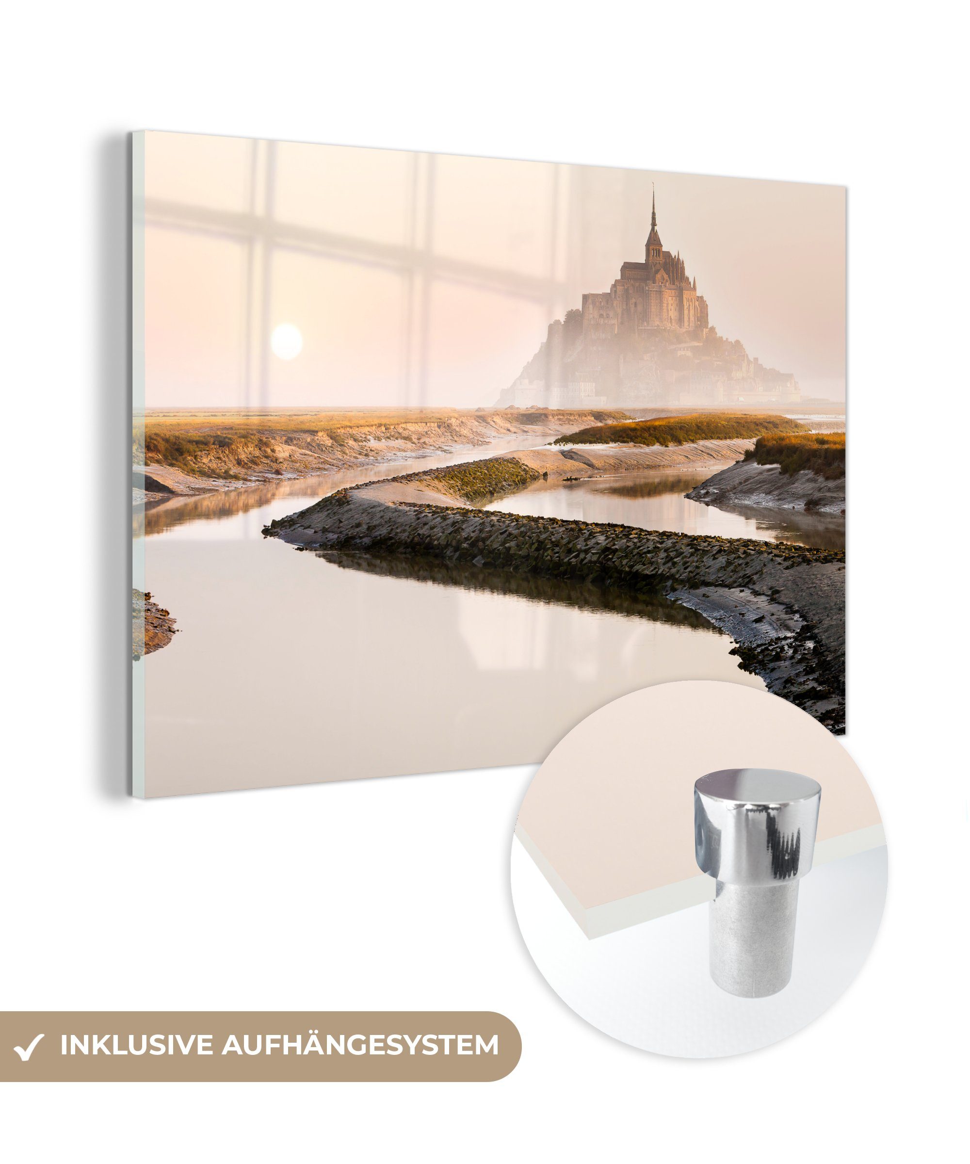 MuchoWow Acrylglasbild Frankreich - Nebel - Sonne, (1 St), Acrylglasbilder Wohnzimmer & Schlafzimmer