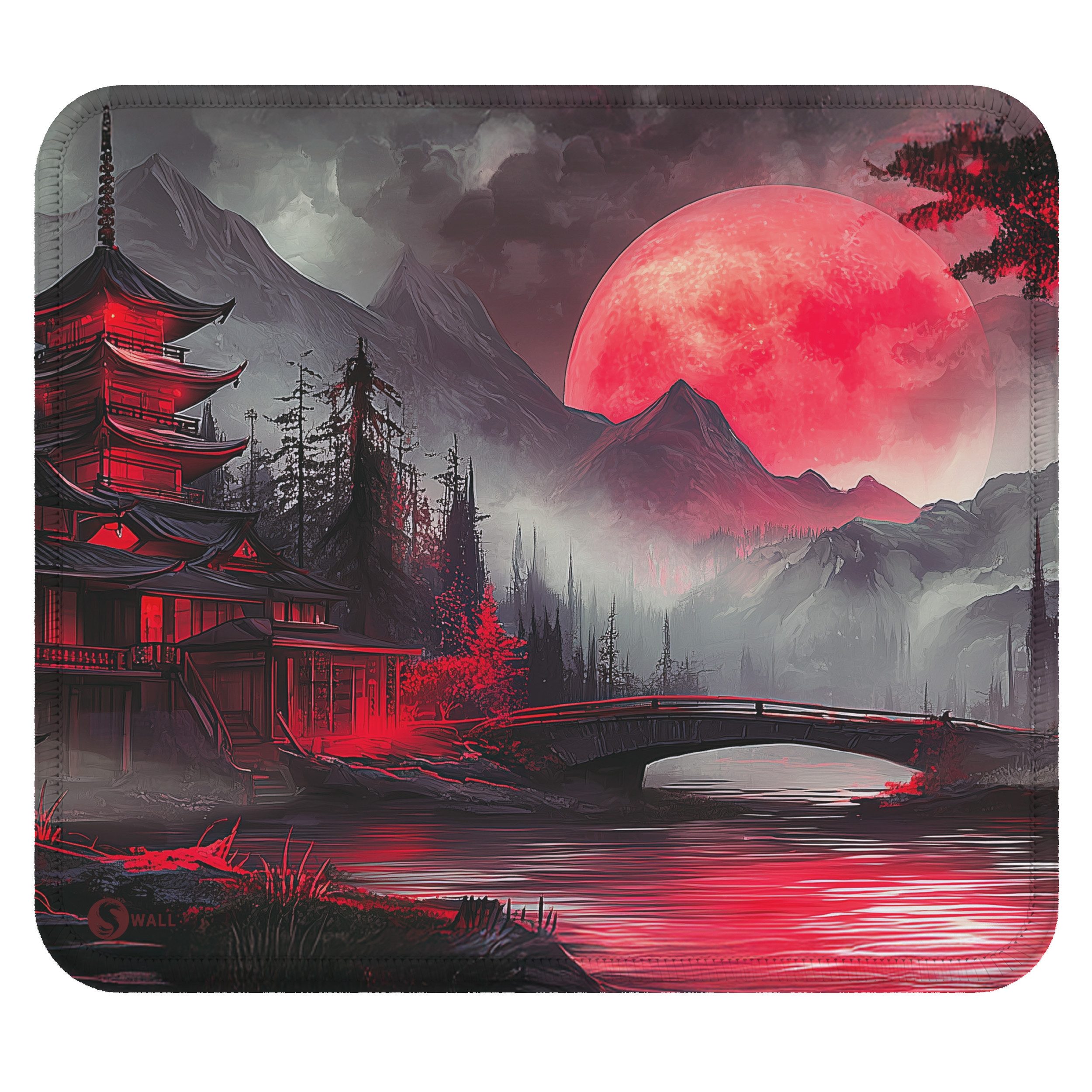 Sunnywall Gaming Mauspad Speed Mousepad XXL Premium 4 mm - Red Moon Mond Japan Tempel (inkl. Wallpaper), 45x40, 80x30, 90x40 cm, rutschfest, vernähte Ränder, Tischunterlage