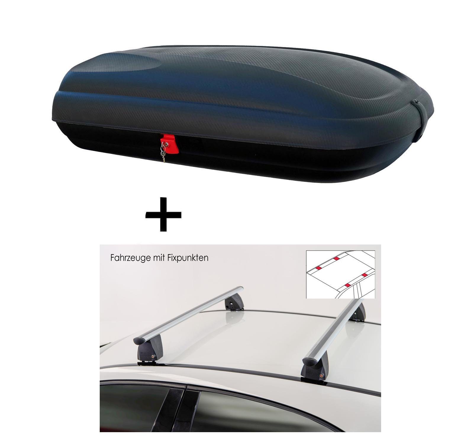 VDP Dachbox, Dachbox VDPBA320 320 Liter carbonlook abschließbar + Dachträger VDP Delta kompatibel mit Hyundai i30 (PD) Fastback (5 Türer) ab 2016