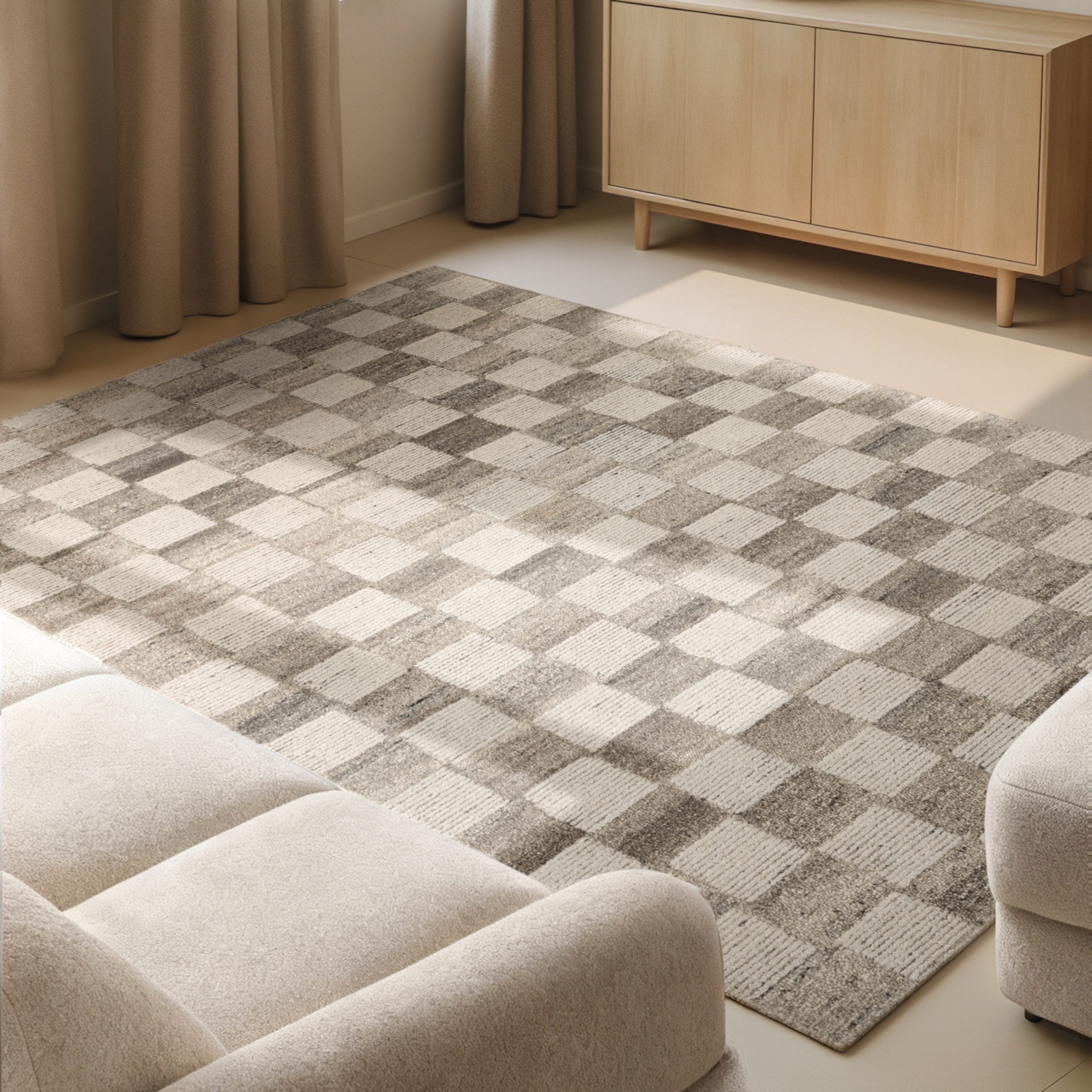 vikosa Wollteppich Quadra, rechteckig, Höhe: 15 mm, Handgemacht, Kariert, Karo, Natur, Wolle, Wohnzimmer,Schlafzimmer