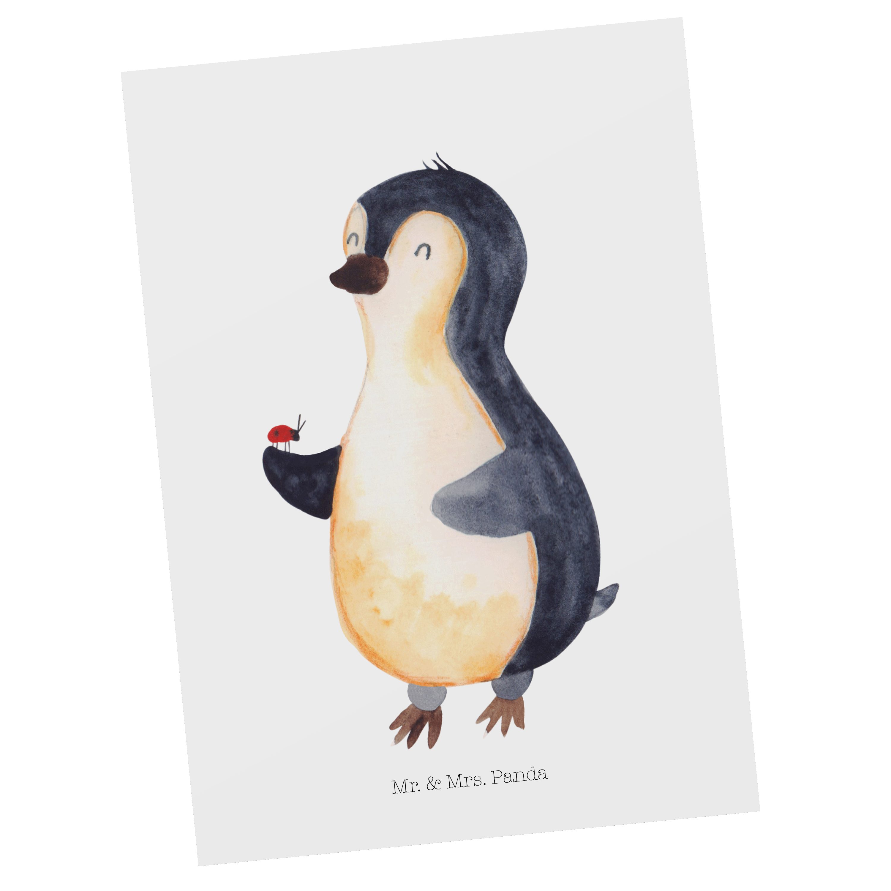 Mr. & Mrs. Panda Postkarte Pinguin Marienkäfer - Weiß - Geschenk, Dankeskarte, aufmerksam, Glück