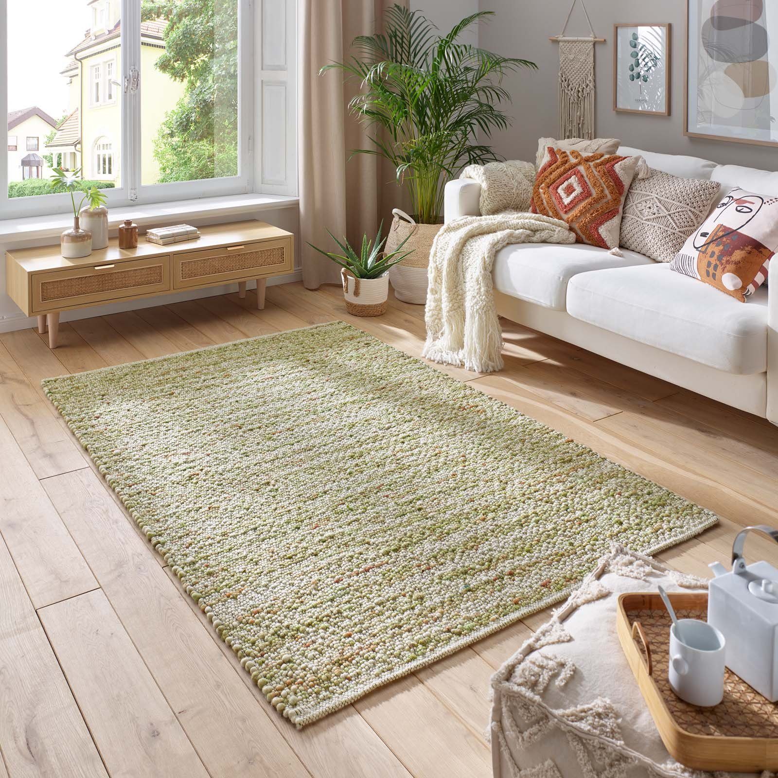 TaraCarpet Wollteppich TaraCarpet Neuberg handgewebter Schurwollteppich aus gewalkter Wolle, rechteckig, Höhe: 15 mm, Handgewebt Teppich grün terra Wohnzimmer Schlafzimmer 070x130 cm