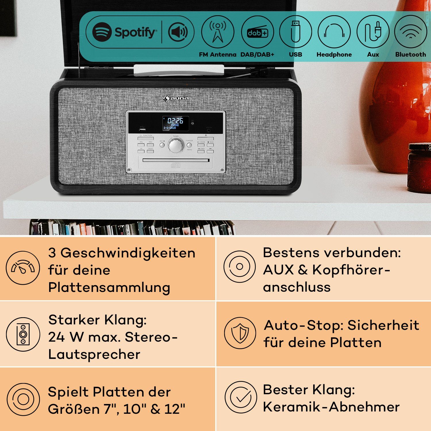 Auna Mary Ann Bluetooth;CD, Retro Fernbedienung) MP3 CD DAB+ Player Audio UKW Player Plattenspieler (Riemenantrieb, Schwarz Radio