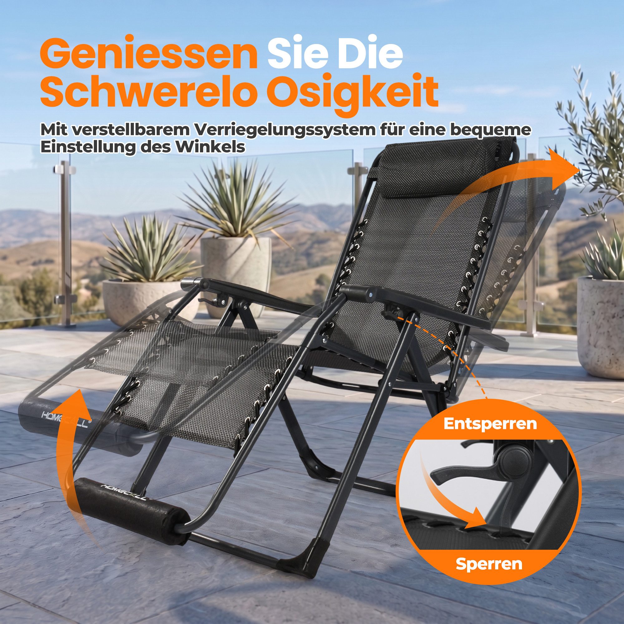 HOMECALL Gartenliege Sonnenliege Klappbar, Liegestuhl mit Weiches Kissen,groß Campingstuhl, XXL Extra breiter Zero Gravity Stuhl, 1 St., bis 180 KG, für Garten  – Bild 4 von 5
