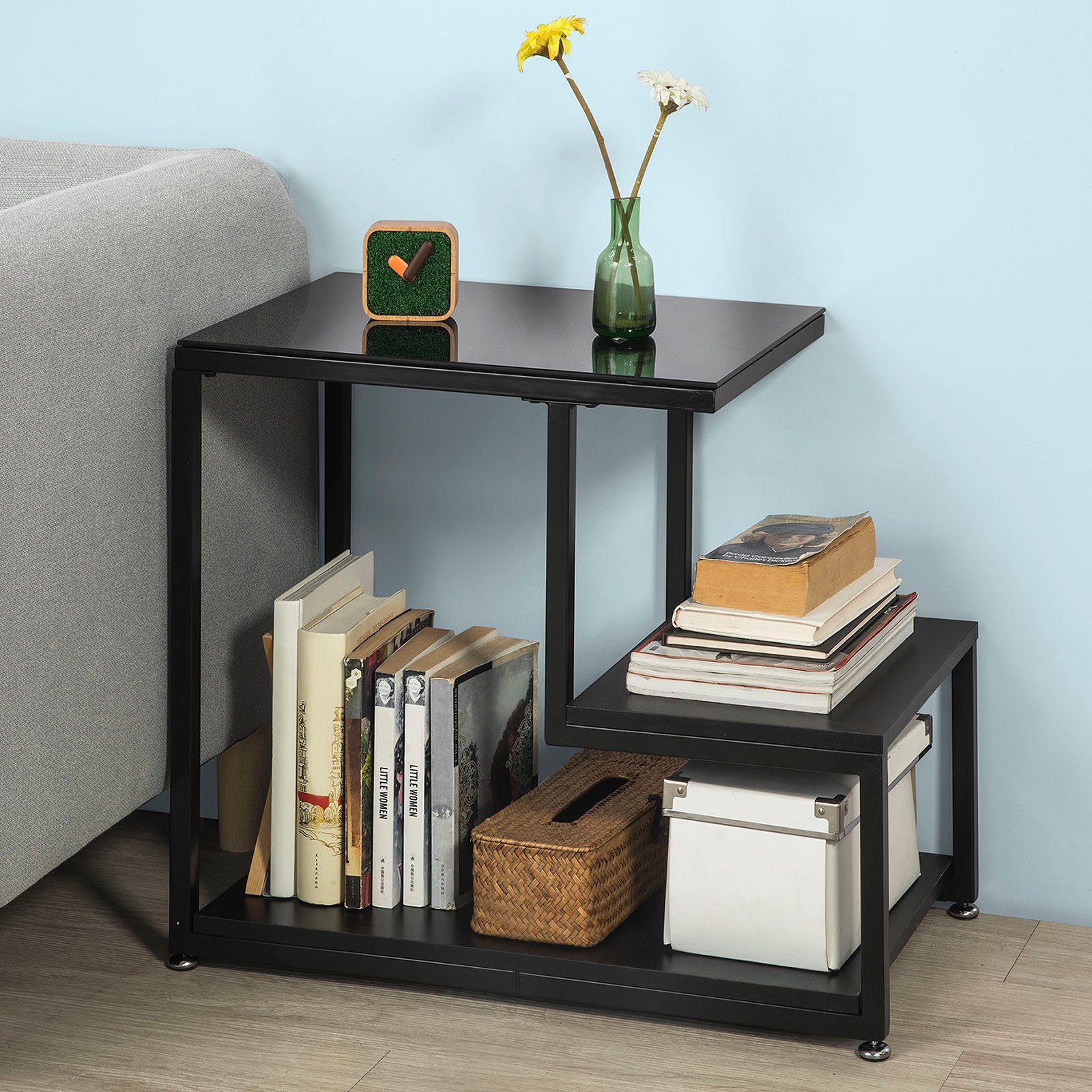 SoBuy Beistelltisch FBT65, Wohnzimmertisch Nachttisch Nachtschrank, mit Glasplatte Sofatisch Glastisch Couchtisch mit 3 Ablagen schwarz
