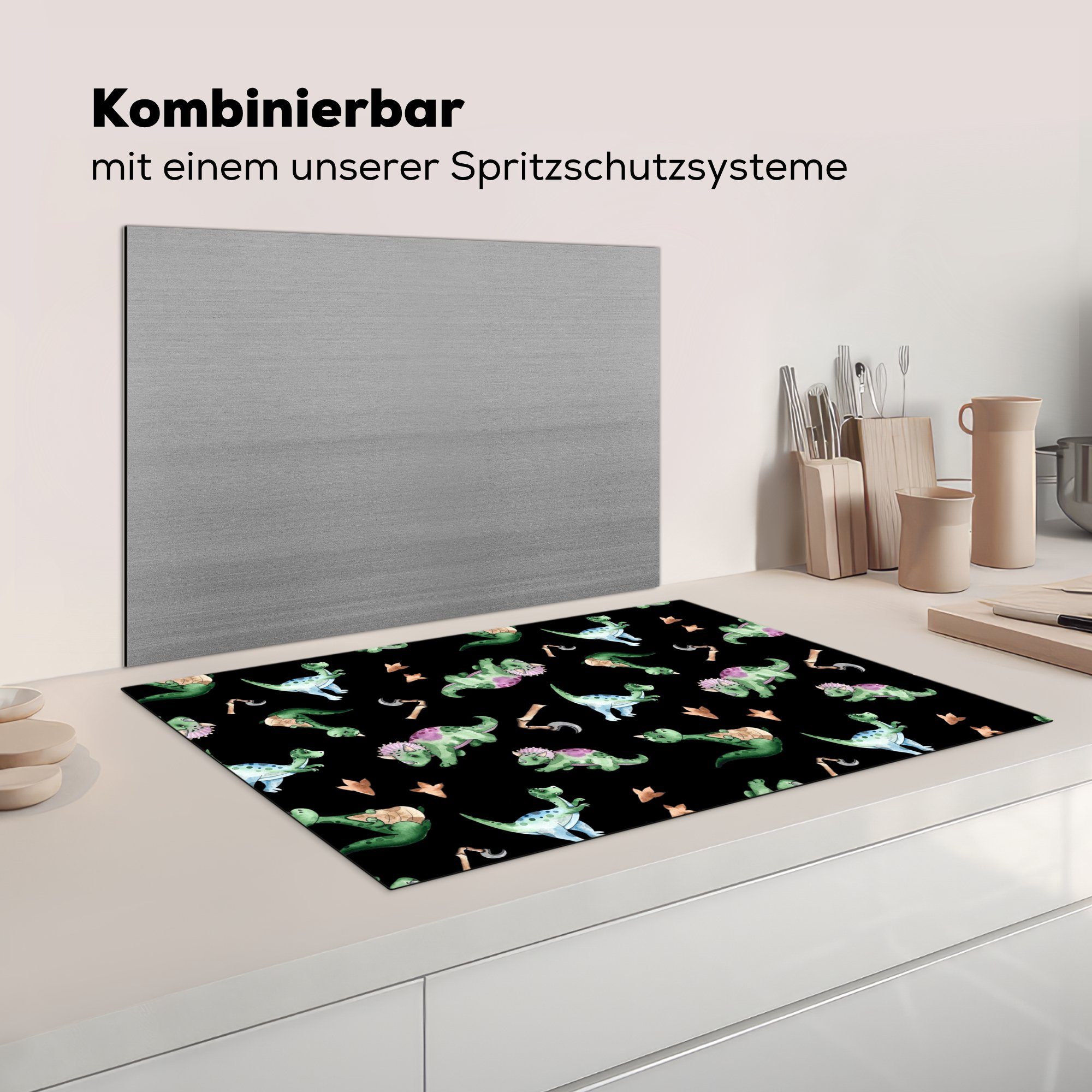 Ceranfeldabdeckung Schwarz - für Vinyl, Jungen Induktionskochfeld Kind, - MuchoWow (1 Mädchen Dinosaurier 81x52 cm, - die Kinderzimmer - Schutz - tlg), Herdblende-/Abdeckplatte küche,