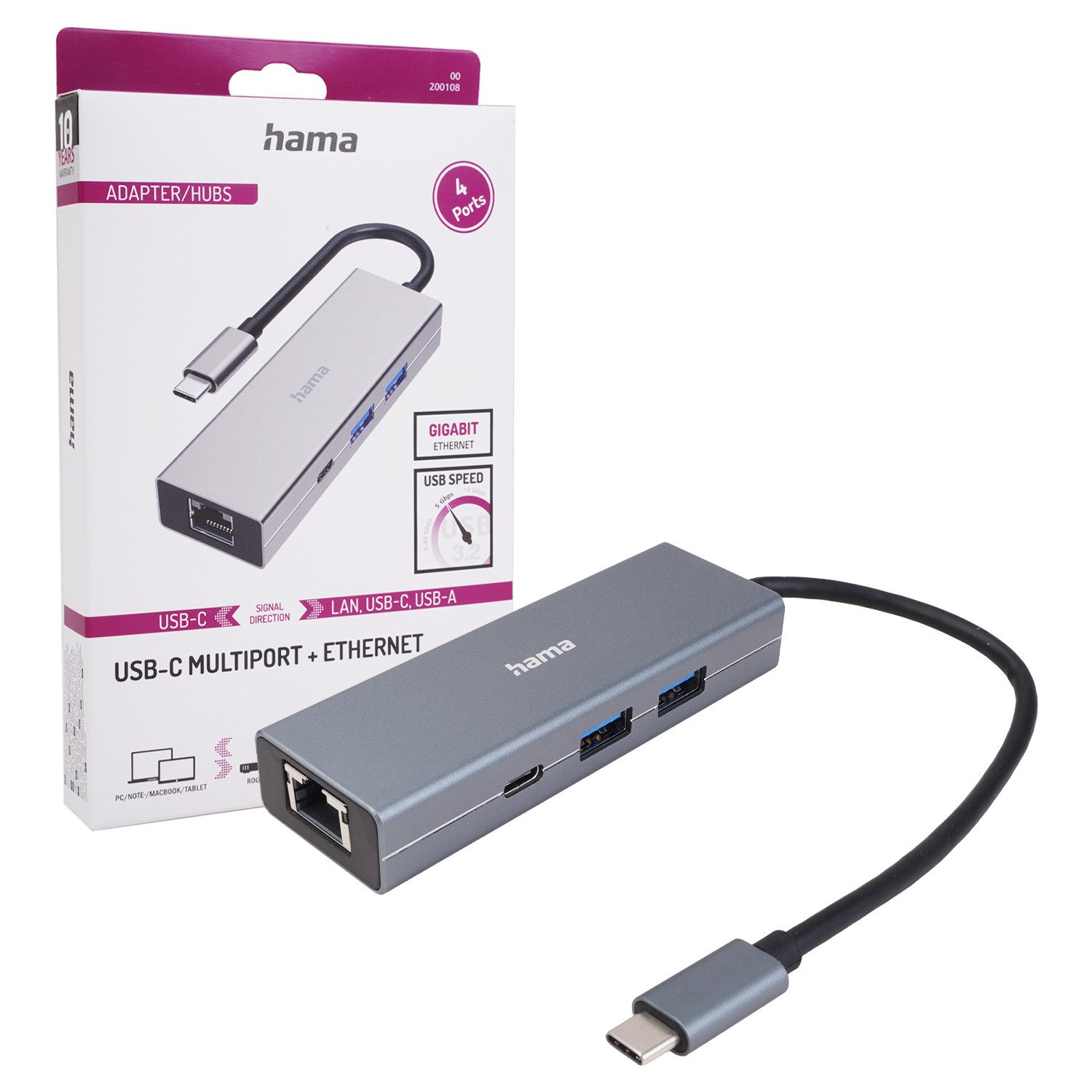 Hama USB-C USB-Hub Type-C 3.2 Ethernet Adapter ALU USB-Adapter USB-C zu USB-C, USB-A, Ethernet, SuperSpeed USB Typ C 3.2 USB-Verteiler 2 USB-A 1x USB-C 1x LAN Port