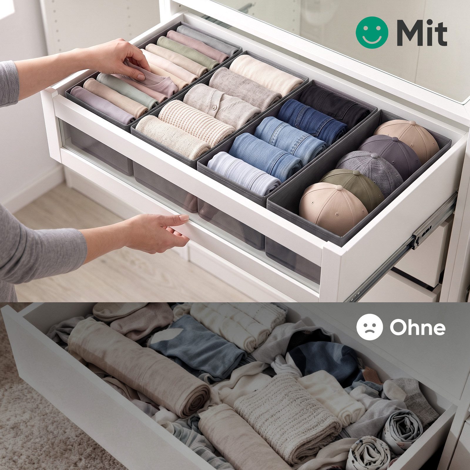 Sekey Aufbewahrungsbox Schubladen Organizer aus Vliesstoff – faltbare Aufbewahrungsboxen, 4er-Set für PAX 100, 22 × 51 × 11 cm, ohne Trennfächer