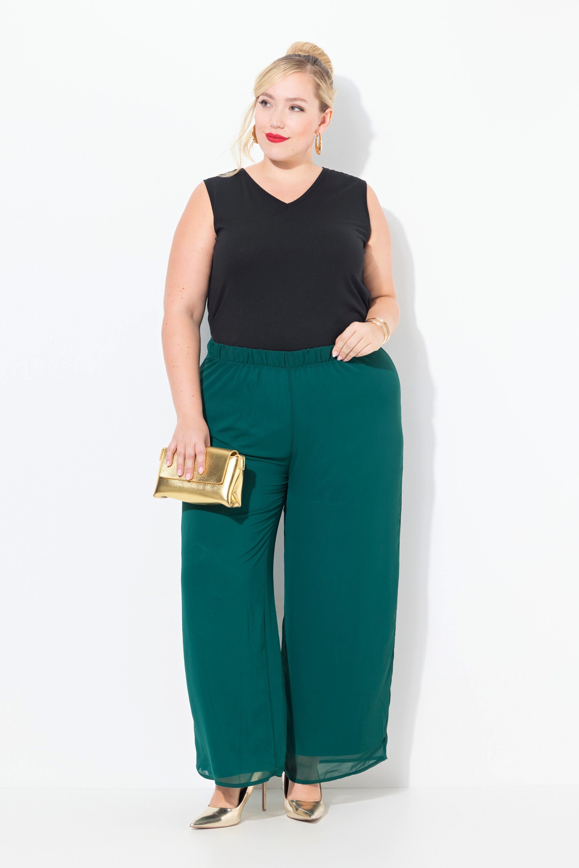 Ulla Popken Schlupfhose Chiffonhose doppellagig weites Bein Elastikbund