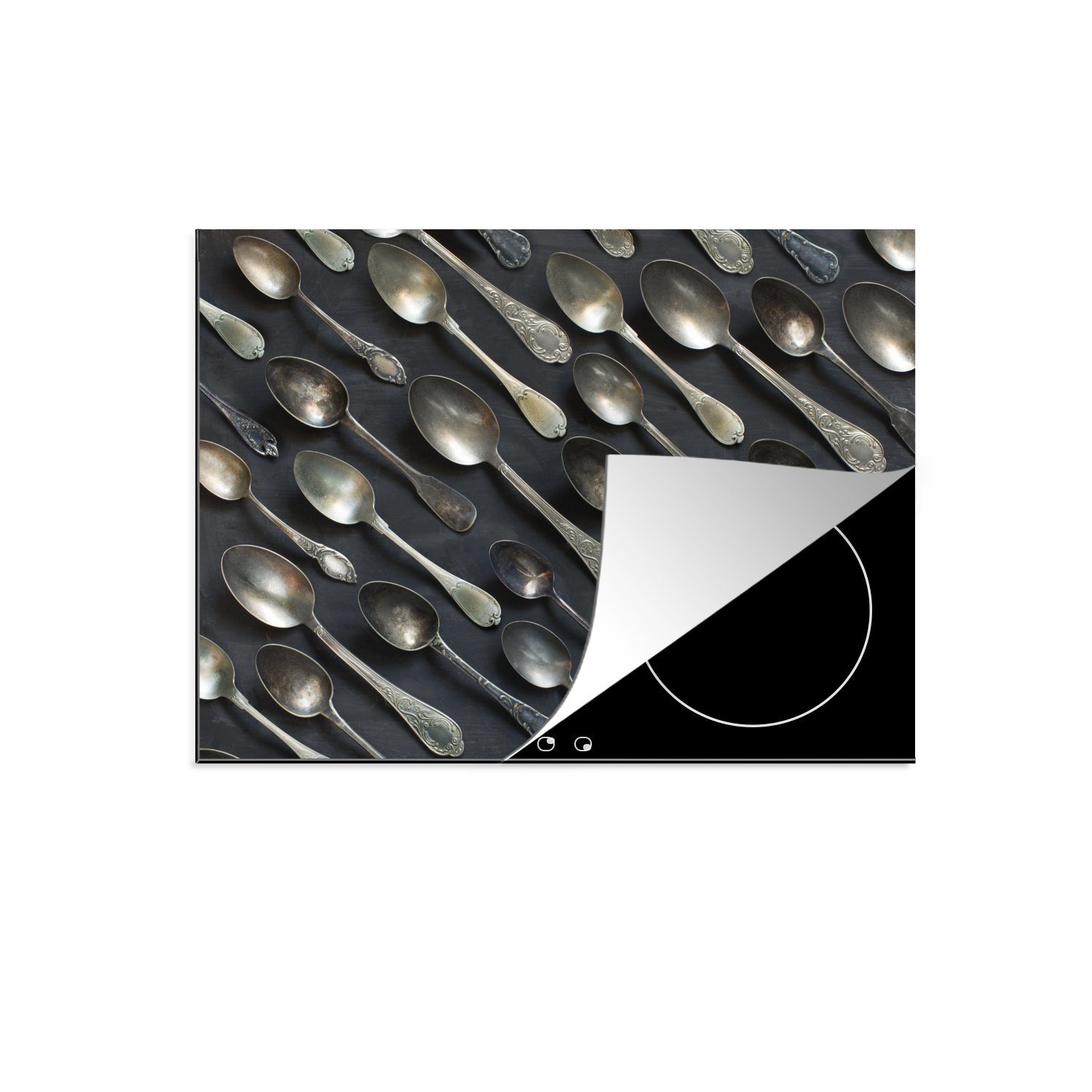 MuchoWow Herdblende-/Abdeckplatte Alte, leere Metalllöffel, Vinyl, (1 tlg), 71x52 cm, Induktionskochfeld Schutz für die küche, Ceranfeldabdeckung