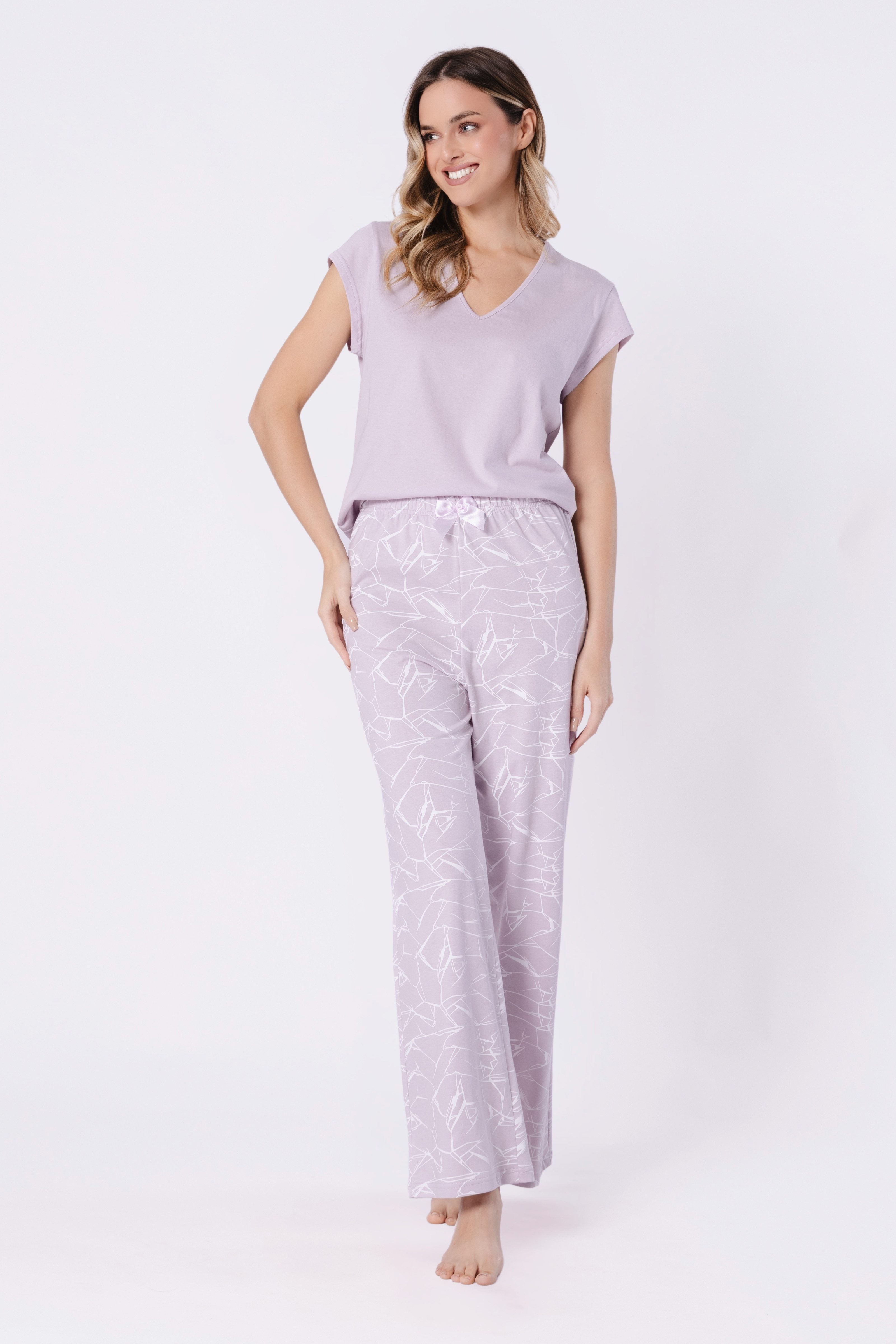 COOLISMO NIGHTWEAR Pyjama weiche Baumwolle in Lavendel mit Print Hose (2 tlg) eleganter Damen Schlafanzug