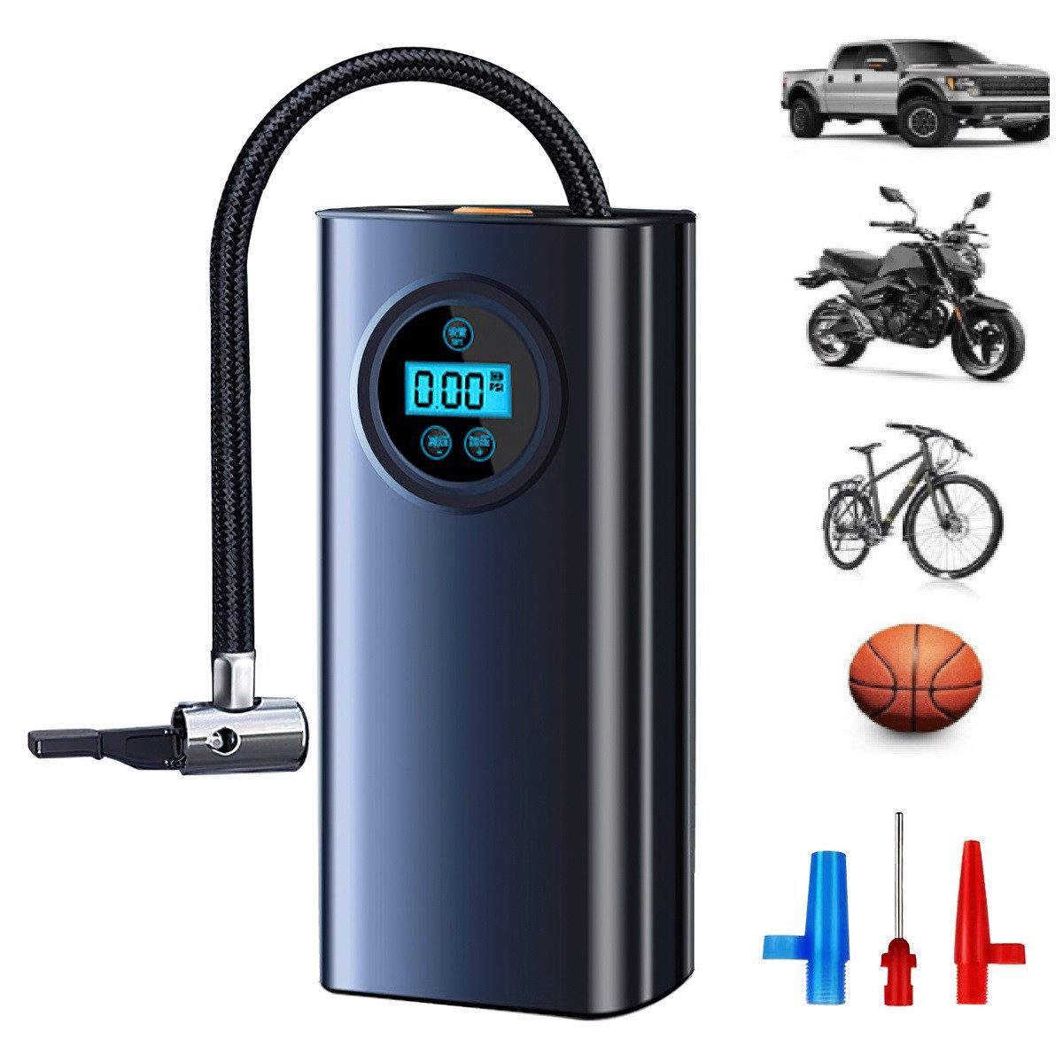 Akku-Luftpumpe Tragbarer Kompressor-Reifenfüller mit LCD-Display & 3 Düsenadaptern