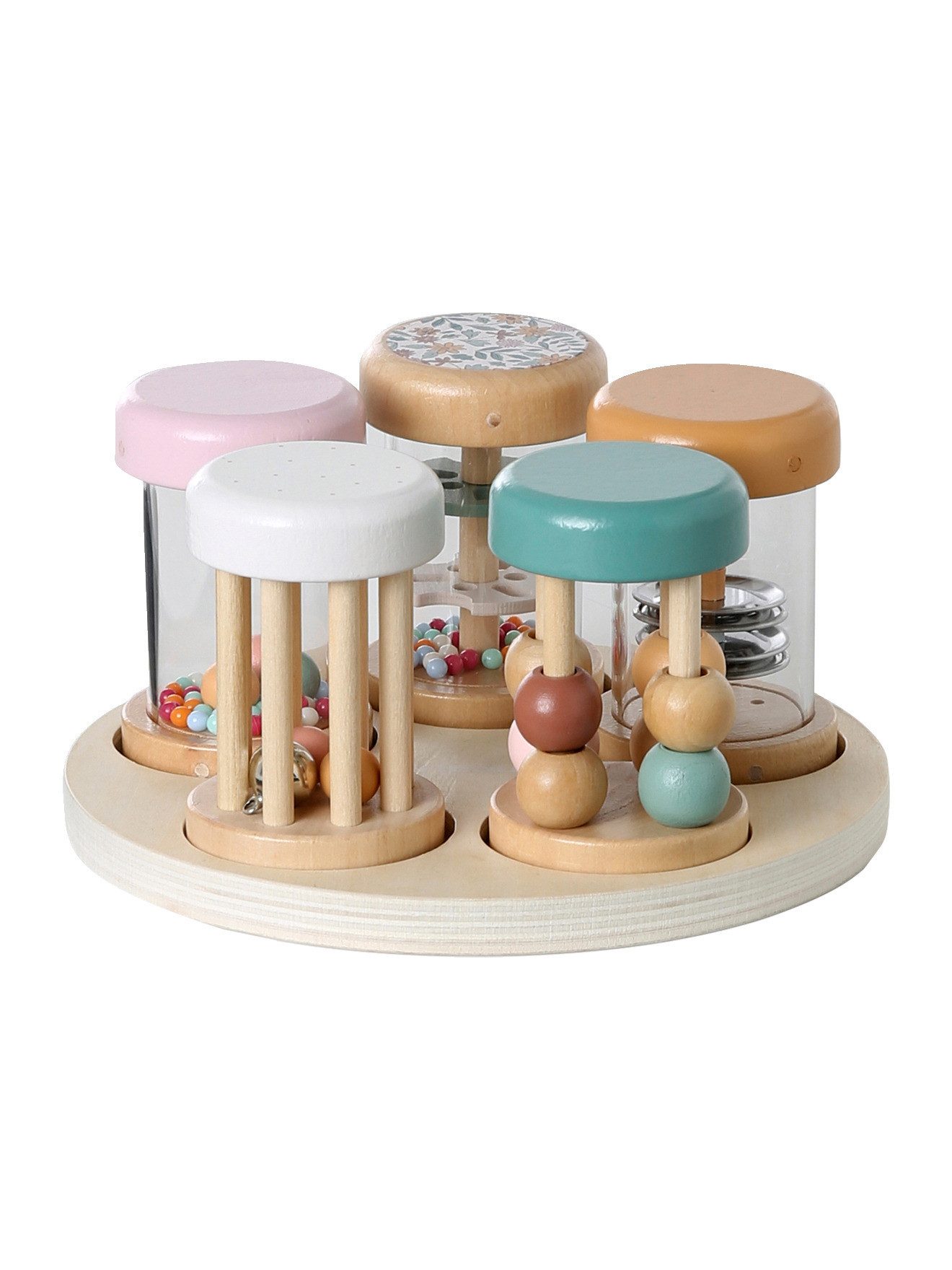 vertbaudet Spielzeug-Musikinstrument 5er-Set musikalische Baby Rasseln aus Holz FSC®, 5er-Pack