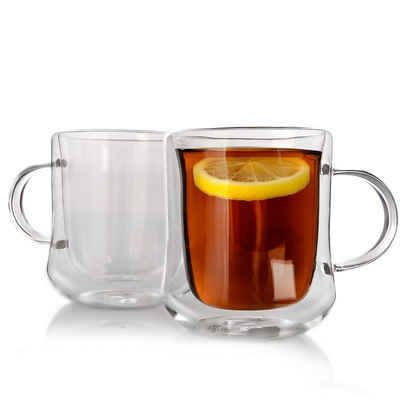 BigDean Teeglas 2 Stück Doppelwandige Kaffee & Teegläser mit Henkel 300 ml, Glas