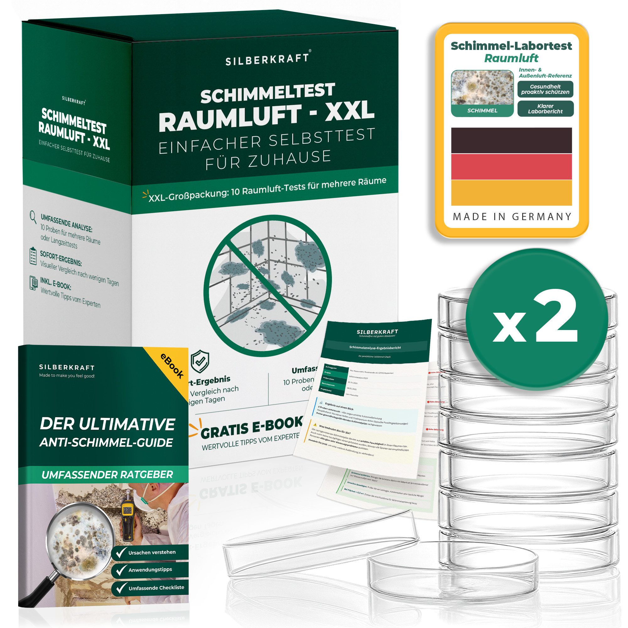 Silberkraft Schimmeltest Raumluft XXL – 10x Schimmel Selbsttest für Zuhause Schimmelentferner (Set, [2-St. Umfassende Analyse für dein Zuhause, 10 Petrischalen, bis zu 10 Räume Schnell & einfach im Selbsttest, Inklusive E-Book, Made in Germany)