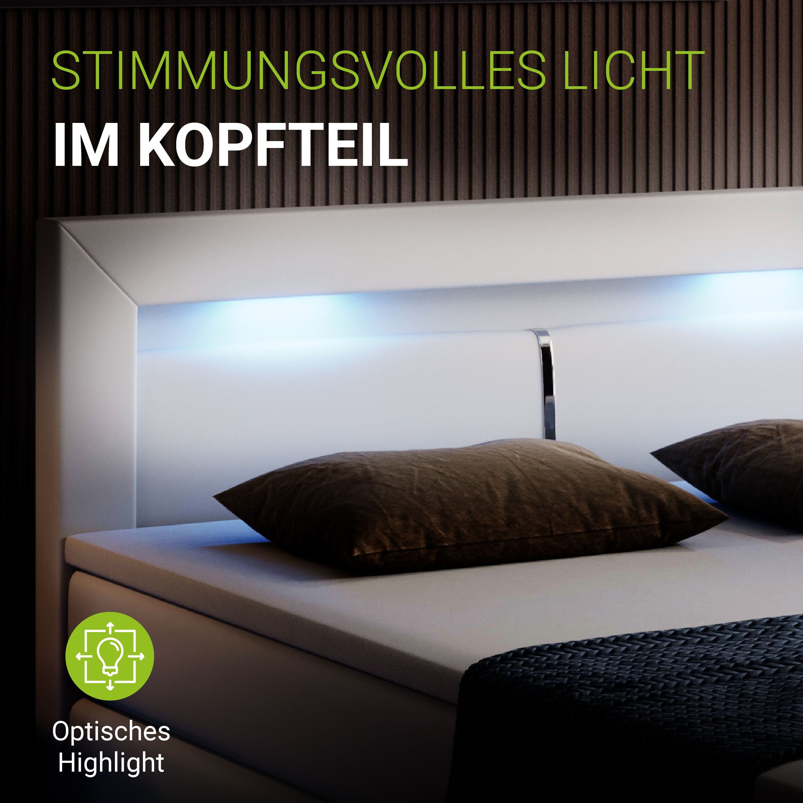 Juskys Boxspringbett Norfolk, 200 x 200 cm, Bett mit Federkernmatratze, Topper, Kopfteil und LED-Beleuchtung