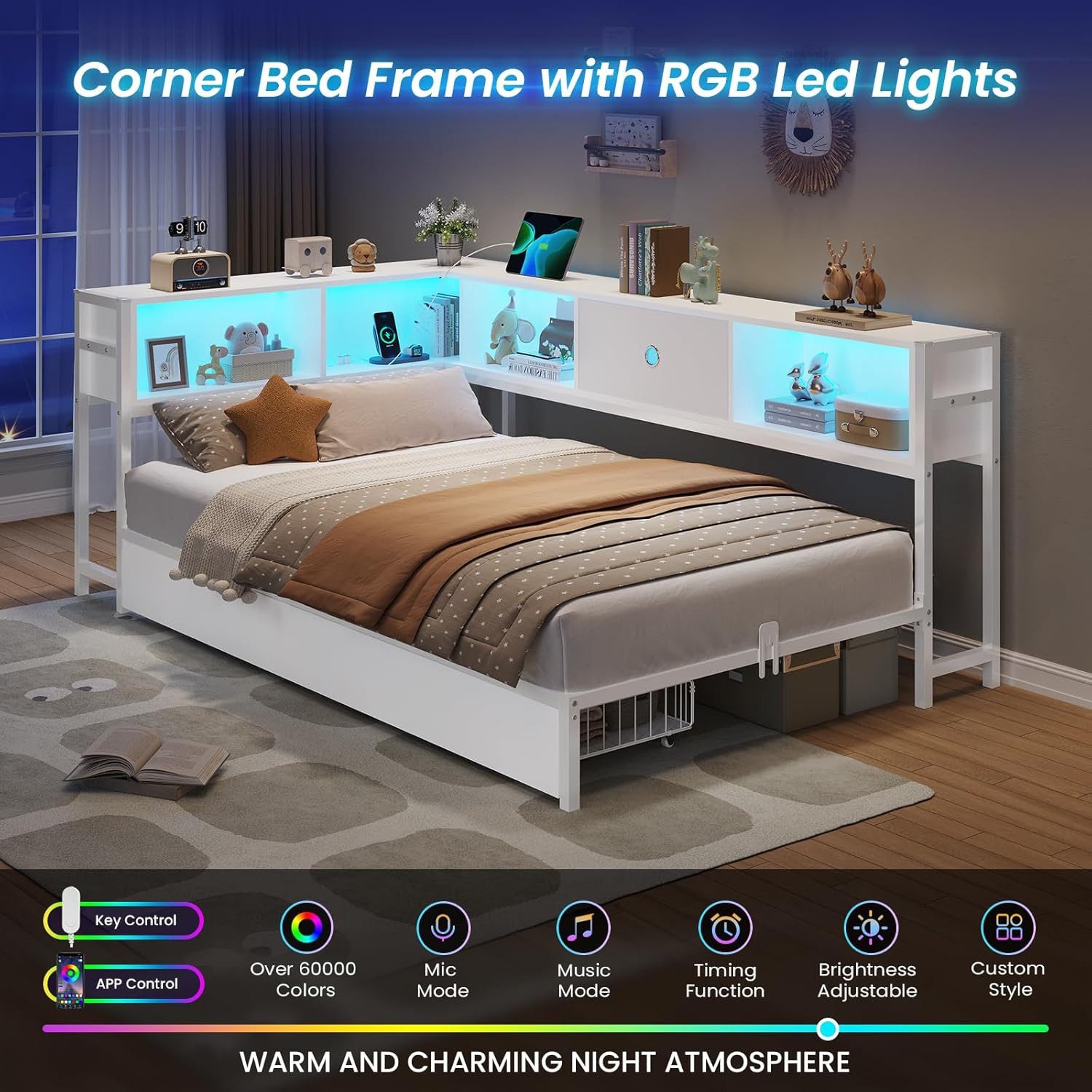 MSMASK Daybett L-Form Schlafsofa mit LED-Beleuchtung und Steckdose, Kinderbett (1 tlg), Jugendbett mit Metallrost, 90x200cm, Weiß – Bild 4 von 5