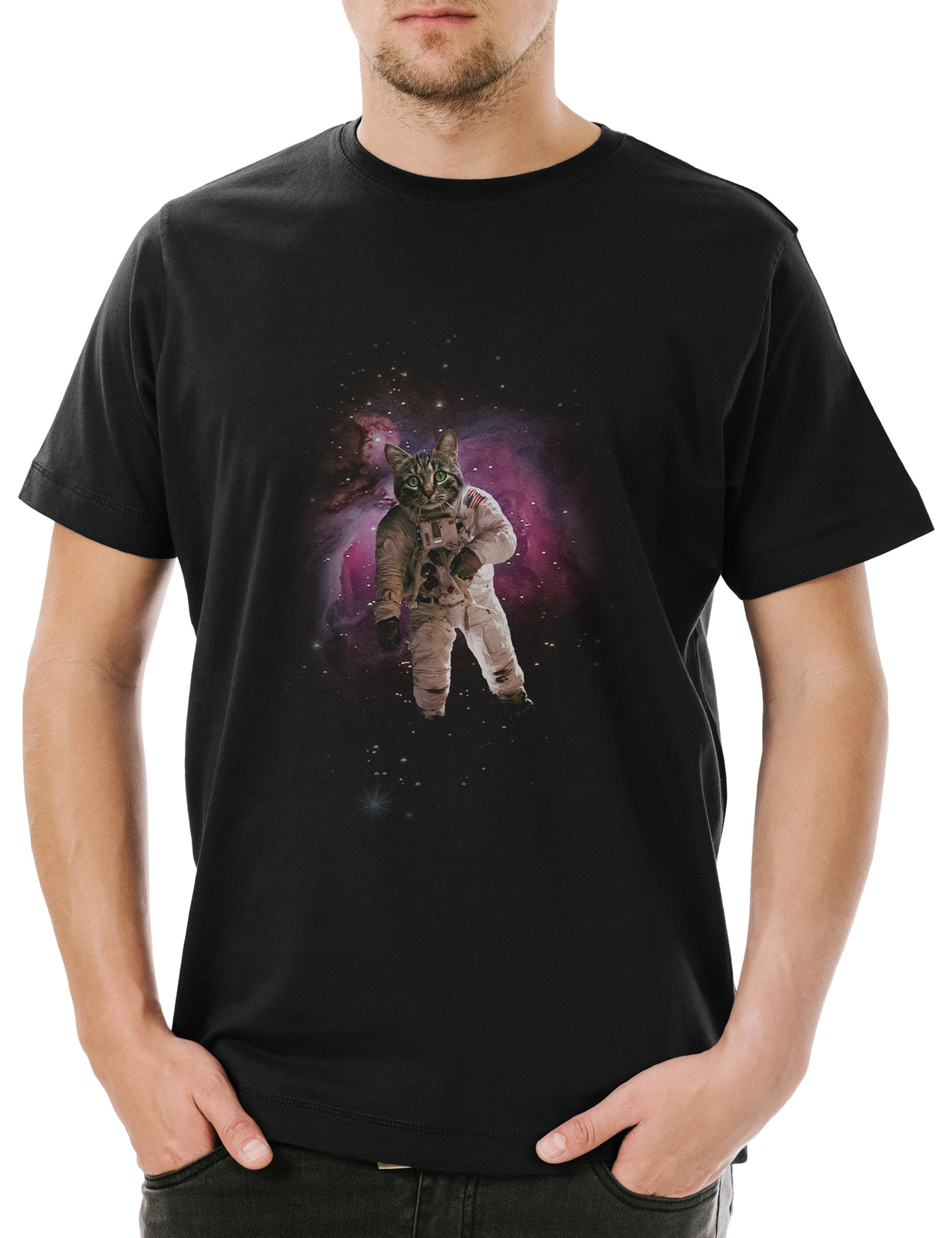 Print-Shirt Cat Astronaut Herren T-Shirt Katze Kitty Kitten Space Station Weltraum