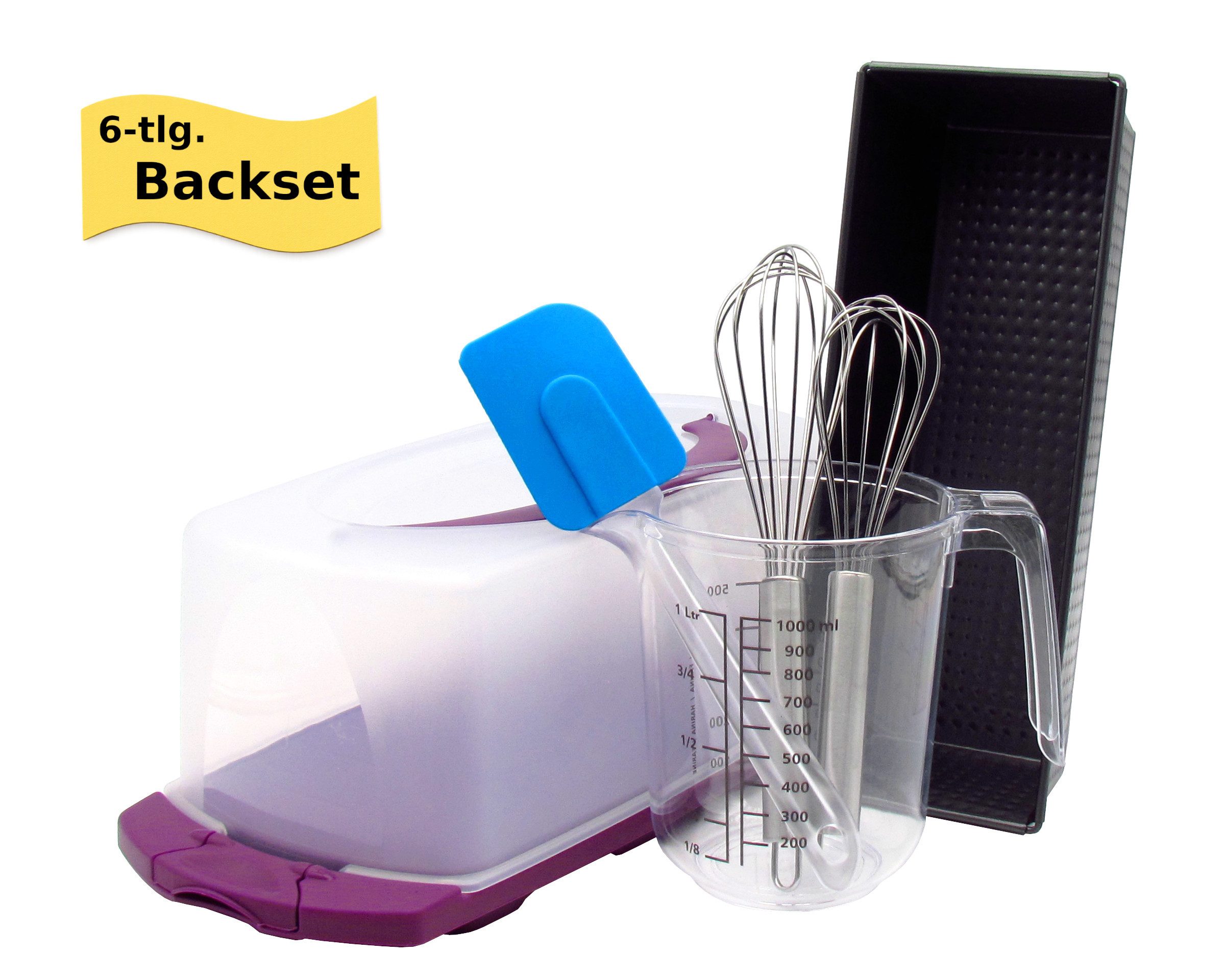 steinwohn Back-Set 6-teilig inkl. Königskuchenform - ideales Set für Backbegeisterte, (Königskuchenform, Kuchenplatte, Messbecher, Teigschaber, Schneebesen), alle Teile sind spülmschinengeeignet