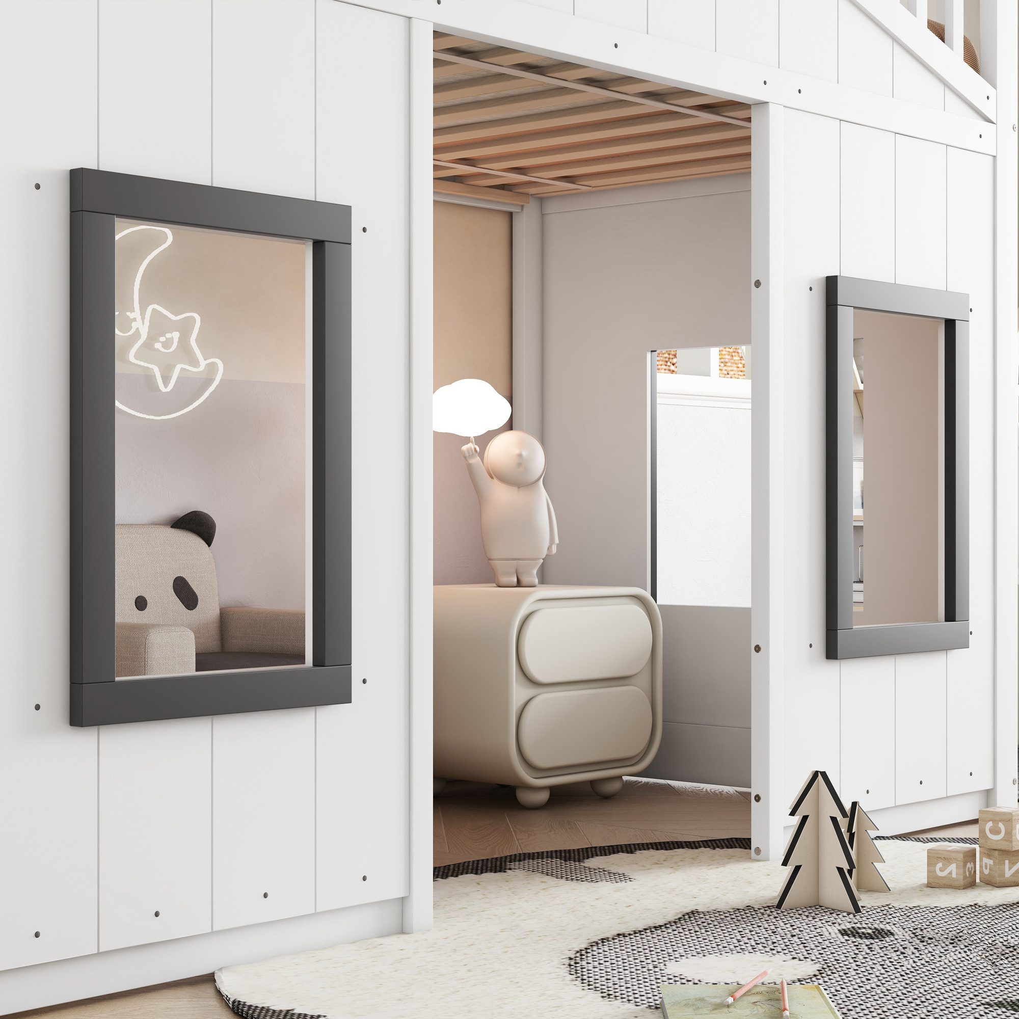 Flieks Loft Bed House Bed Children's Bed 90x200cm with Window, Ladder and Fall Protection