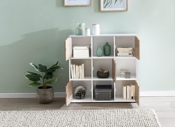 Wohnling Standregal WL5.526, 89x91x29 cm, Bücherregal mit 9 Fächern Sonoma Weiß, Sideboard mit 5 Türen, Würfelregal Raumteiler