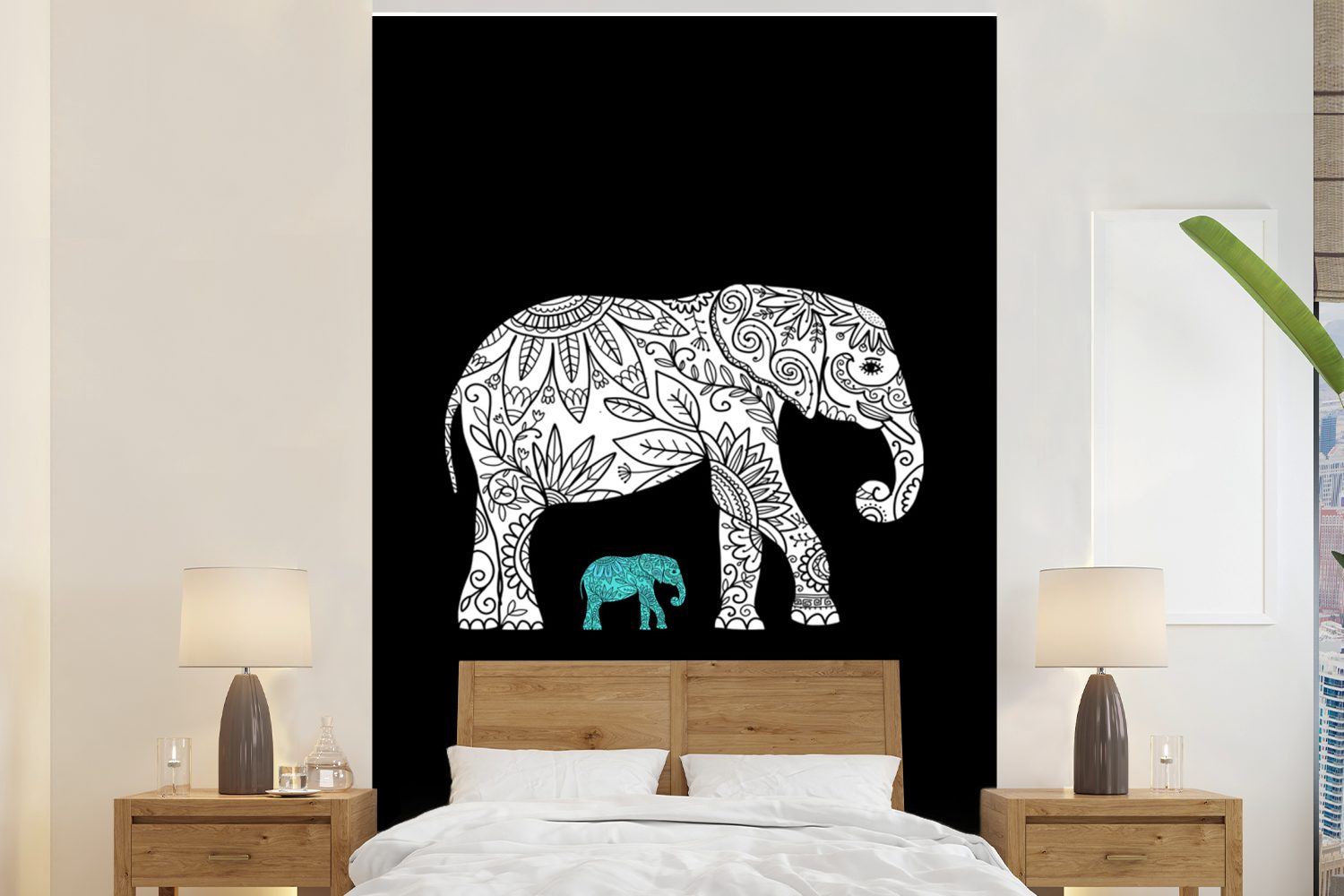 MuchoWow Fototapete Elefant - Muster - Schwarz, Matt, bedruckt, (3 St), Montagefertig Vinyl Tapete für Wohnzimmer, Wandtapete