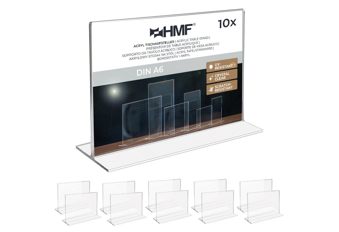 HMF Bilderrahmen Acryl Tischaufsteller im DIN A6 Querformat, Menükartenhalter für, für 1 Bilder (10 St), Restaurants, Präsentation, T-Aufsteller, 10 Stück, Transparent