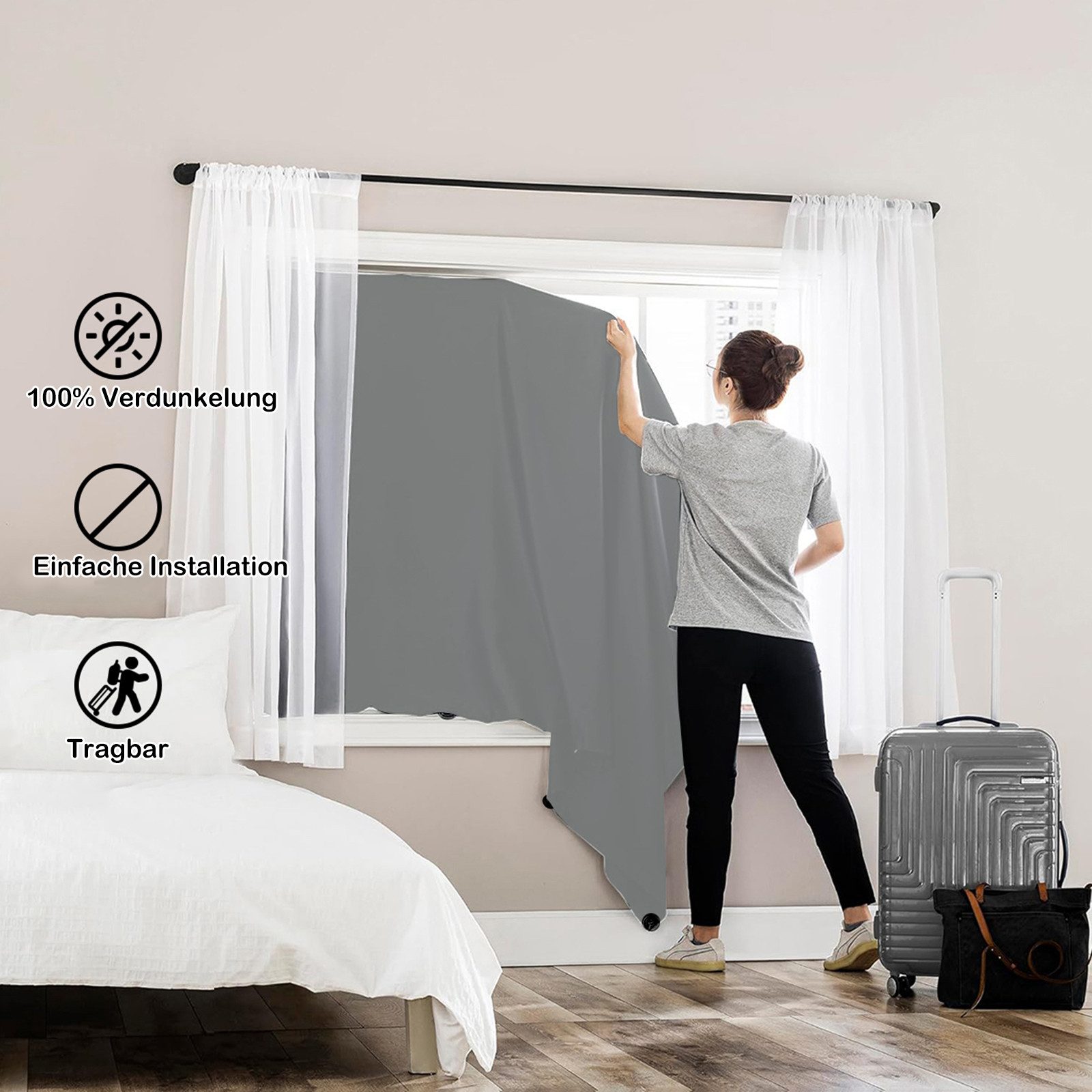 Verdunklungsrollo Tragbarer Fenstervorhang 100 % Verdunkelungsvorhang mit Saugnäpfen, Jibenhome, mit Klettverschlüssen für Kinderzimmer, Wohnzimmer, Schlafzimmer