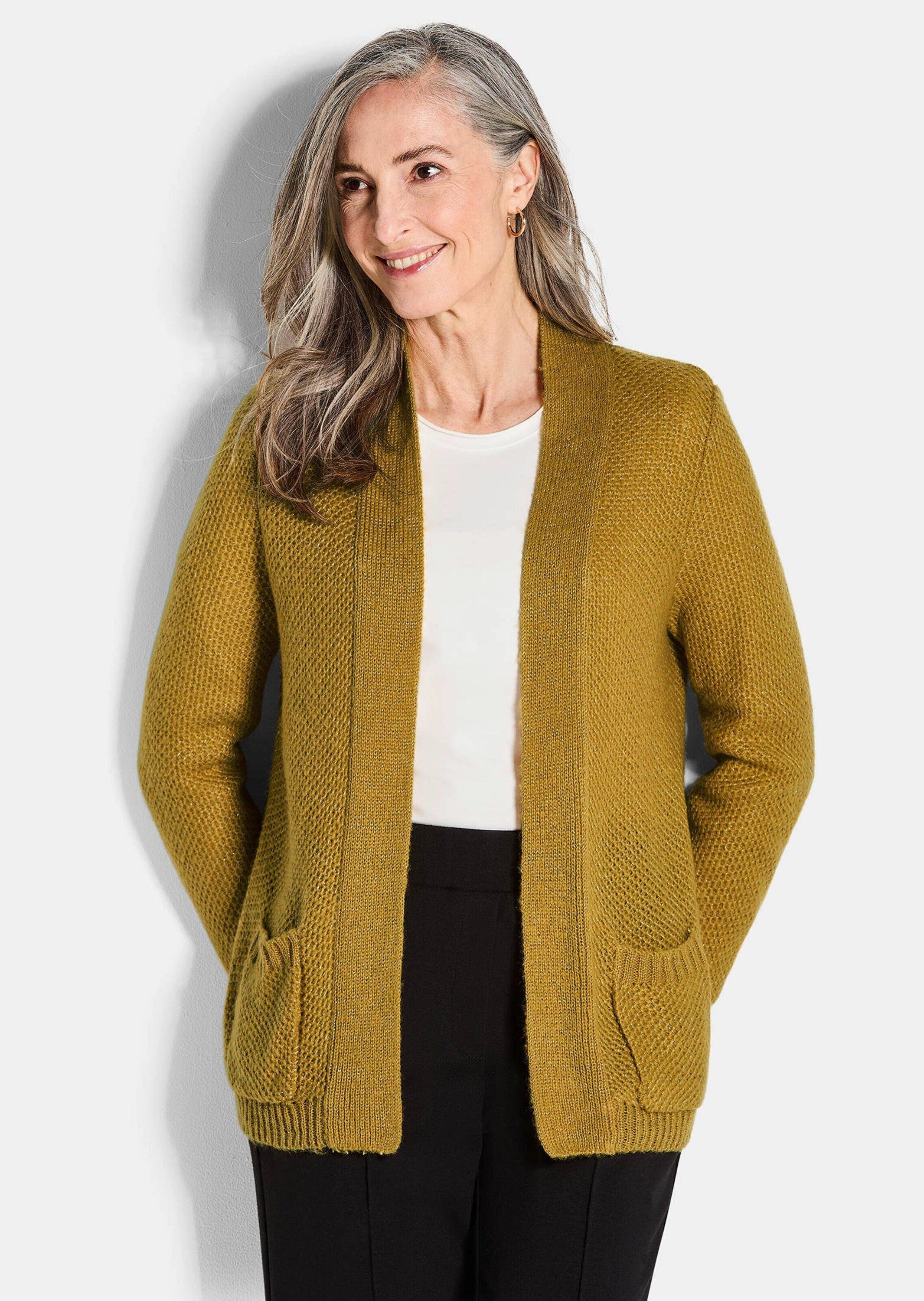 GOLDNER Strickjacke Offener Cardigan mit Taschen, Glanz Flauschige Piqué-Optik mit Schalkragen, aufgesetzte Taschen