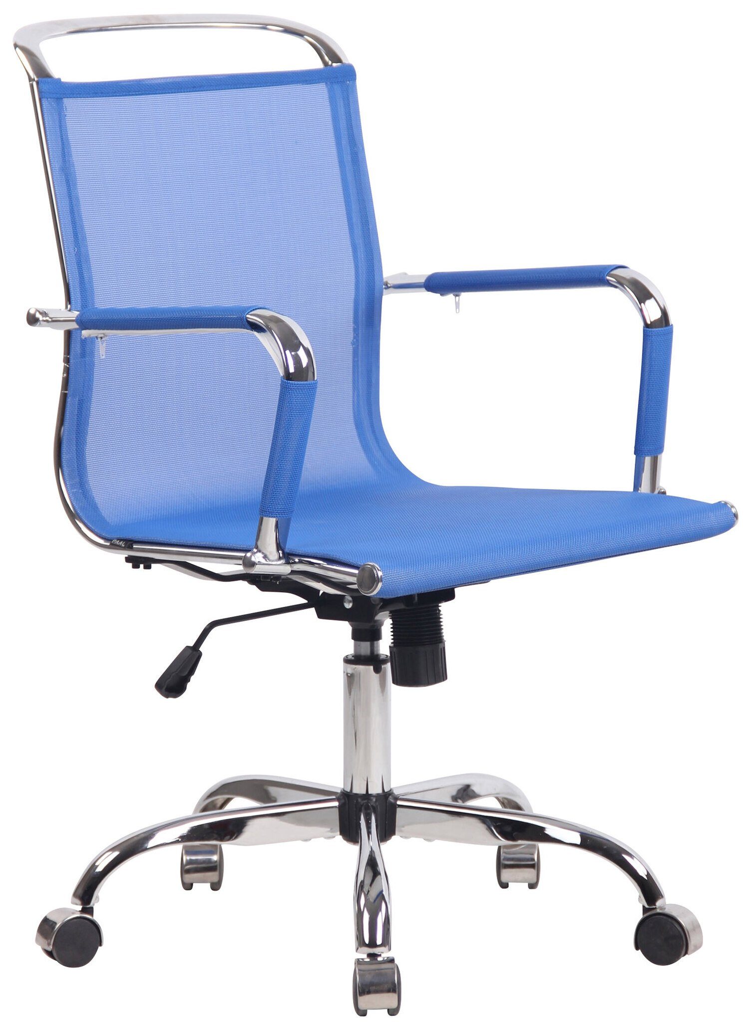 TPFLiving Bürostuhl Barney mit bequemer ergonomisch geformter Rückenlehne (Schreibtischstuhl, Drehstuhl, Chefsessel, Bürostuhl XXL), Gestell: Metall chrom - Sitzfläche: Netzbezug blau