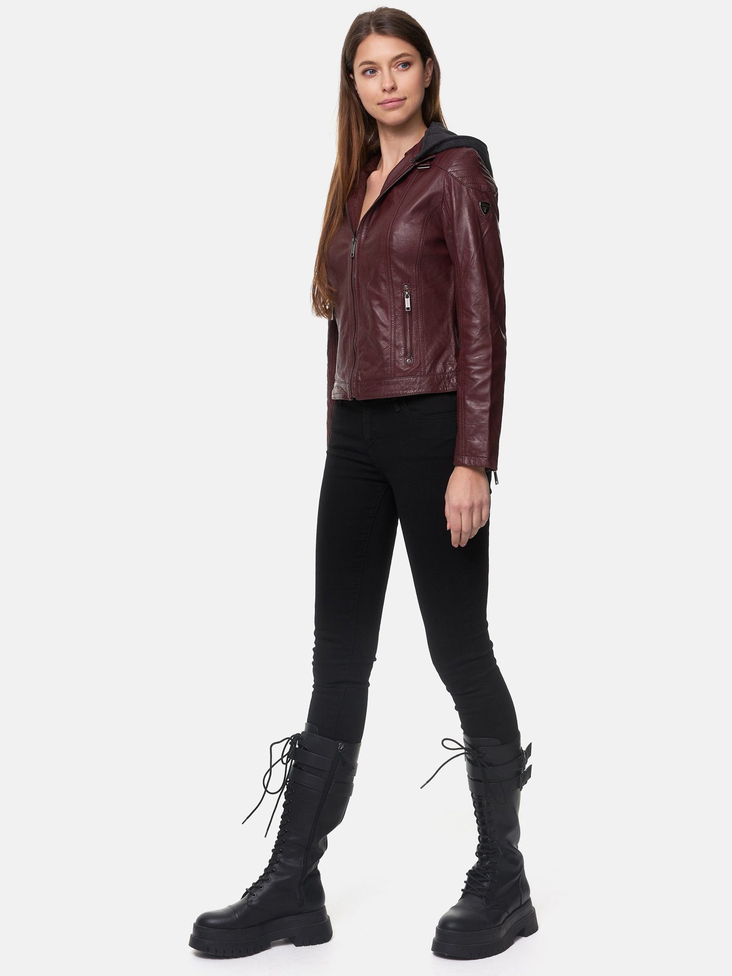 Look Biker F503 Lederjacke Jacke Leder Kapuze mit Tazzio bordo im abnehmbarer Damen