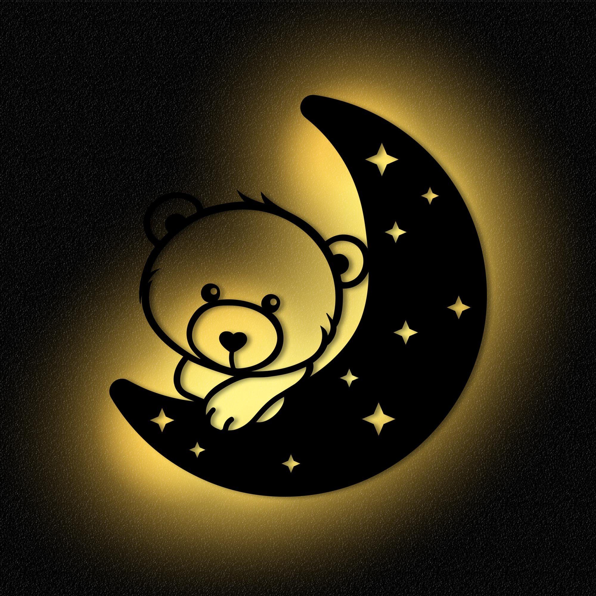 Namofactur LED Kinder MDF Holz, LED I fest Teddy Mond Nachtlicht integriert, Nachtlicht Wandlampe Kinderzimmer Warmweiß