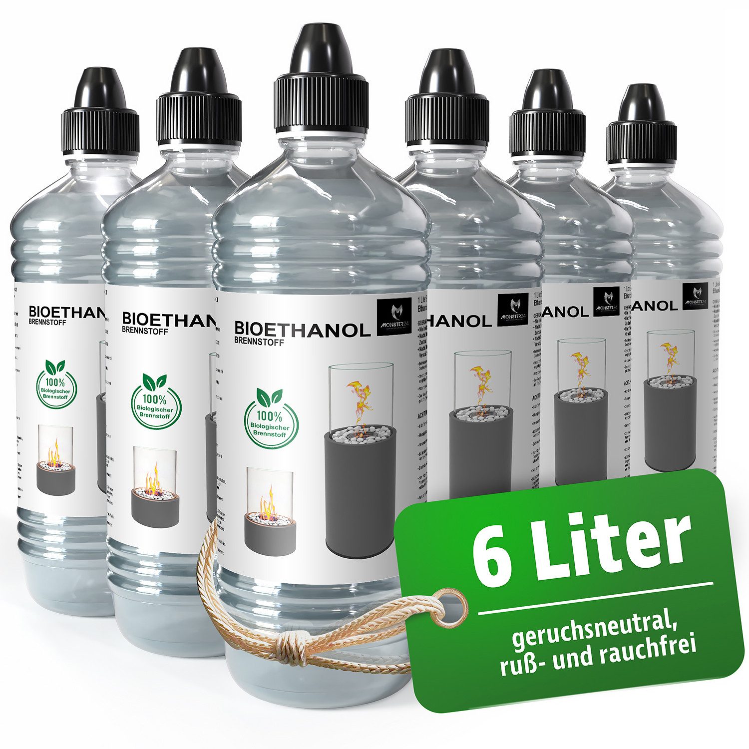 Monster24 Bioethanol Flüssiges Bio-Ethanol 96,6% Reinheit Tischkamin Tischfeuer Standkamin, (6 x 1 Liter)
