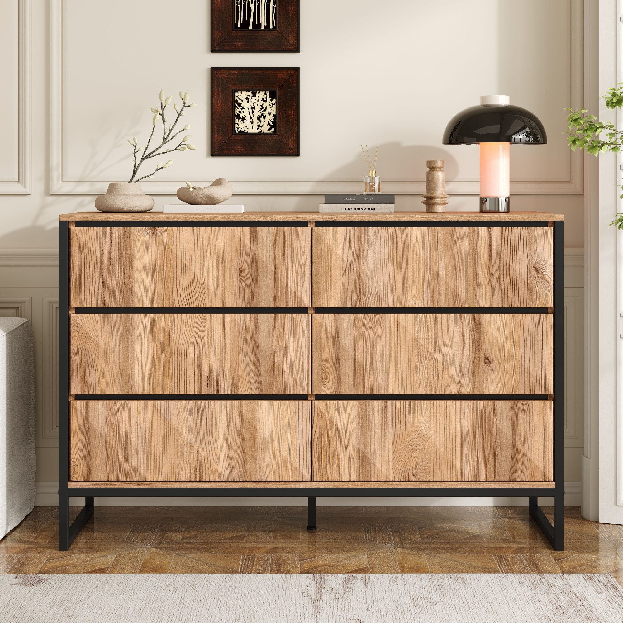Merax Sideboard mit 6 Schubladen und Metallbeinen (Anrichte Kommode Buffetschrank Aufbewahrungsschrank, 1 St., 120x40x80cm), Kommode mit natürlichen Holztönen,  – Bild 3 von 5