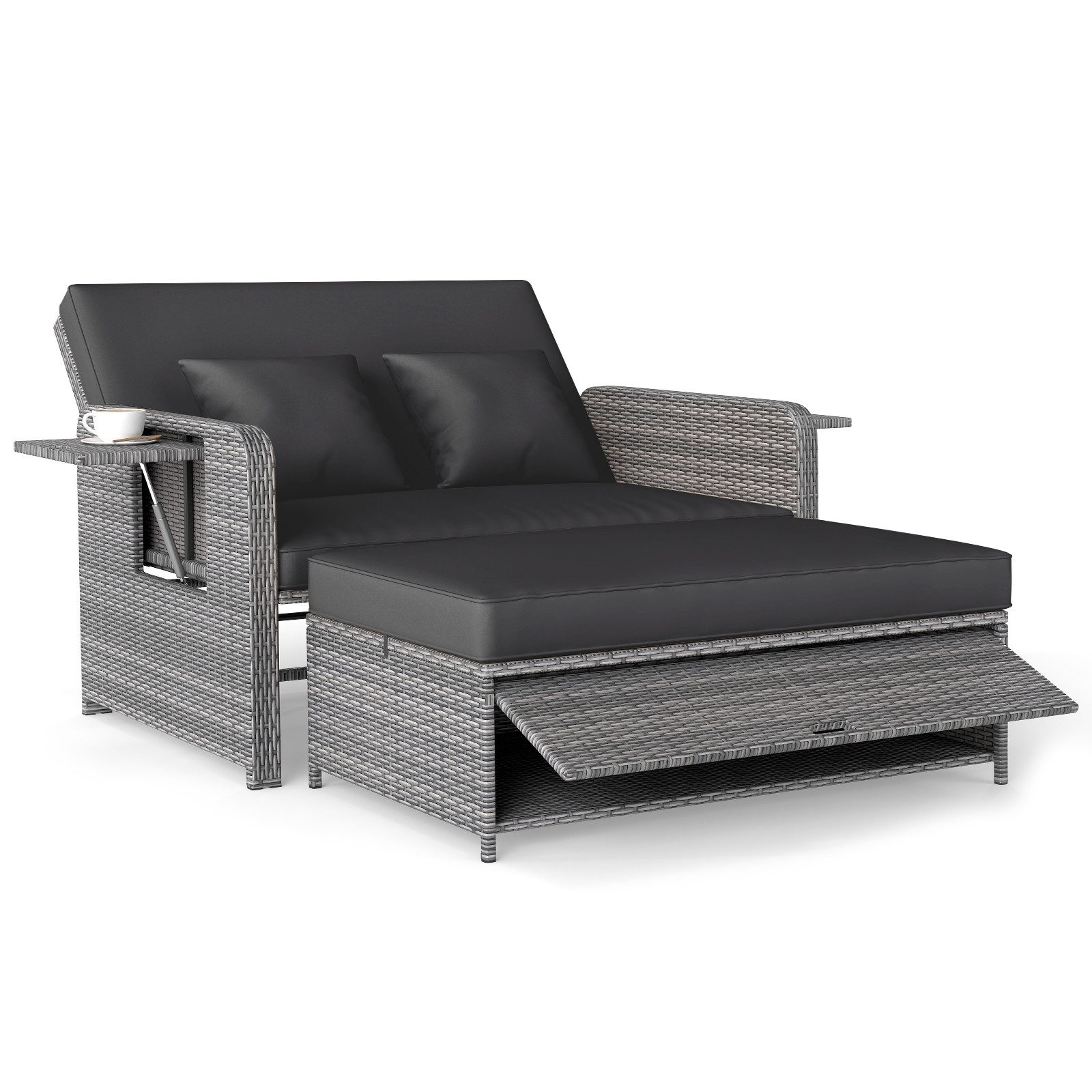 COSTWAY Loungebett, Gartenliege mit Auflage, verstellbarer Rückenlehne, Stauraum Rattan