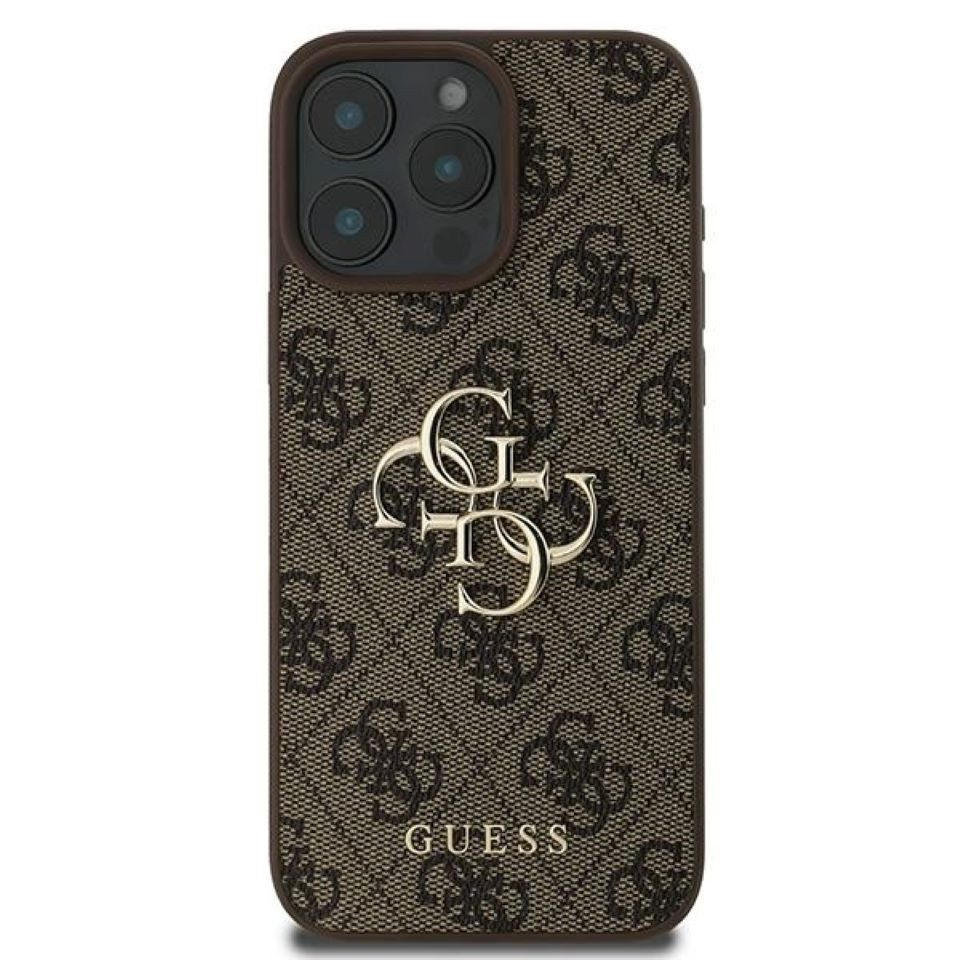 Guess Handyhülle iPhone 16 Pro braun Big Logo goldfarben Metall 6,3 Zoll, Kantenschutz